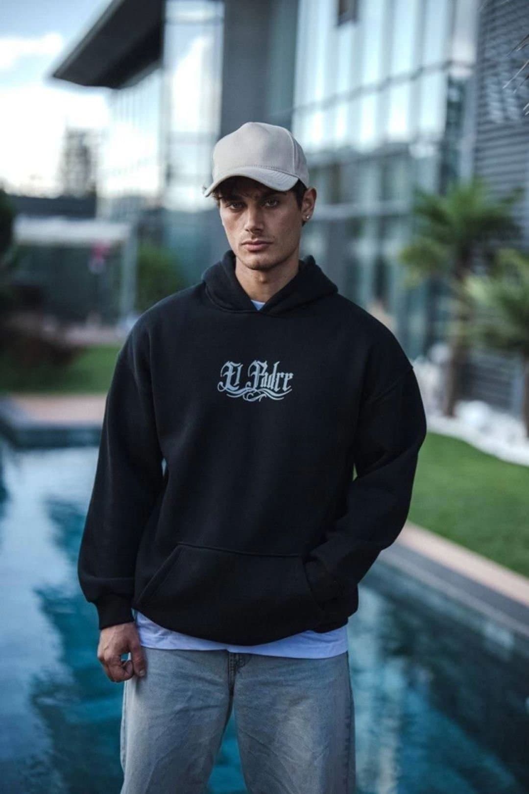 Janes Janes Men's Hooded Text Print Pullover Sweatshirt with Pocket in Black