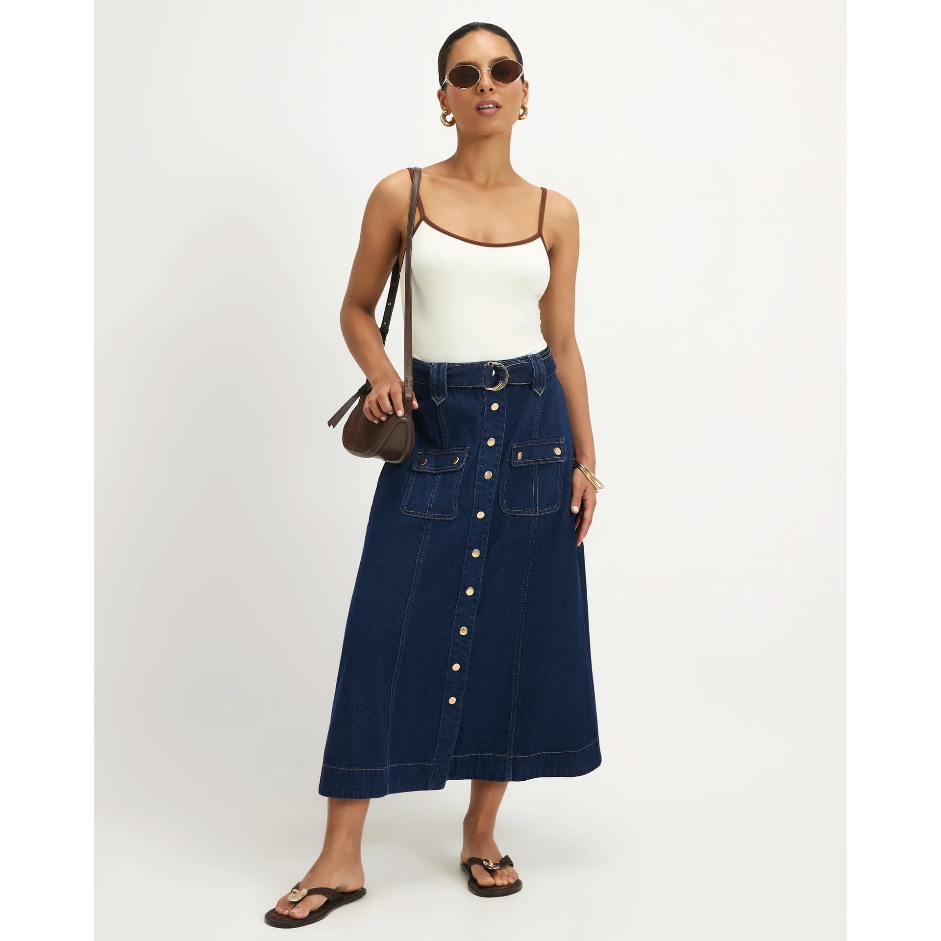 River Island River Island Womens Petite Blue Belted Pocket Denim Midi Skirt