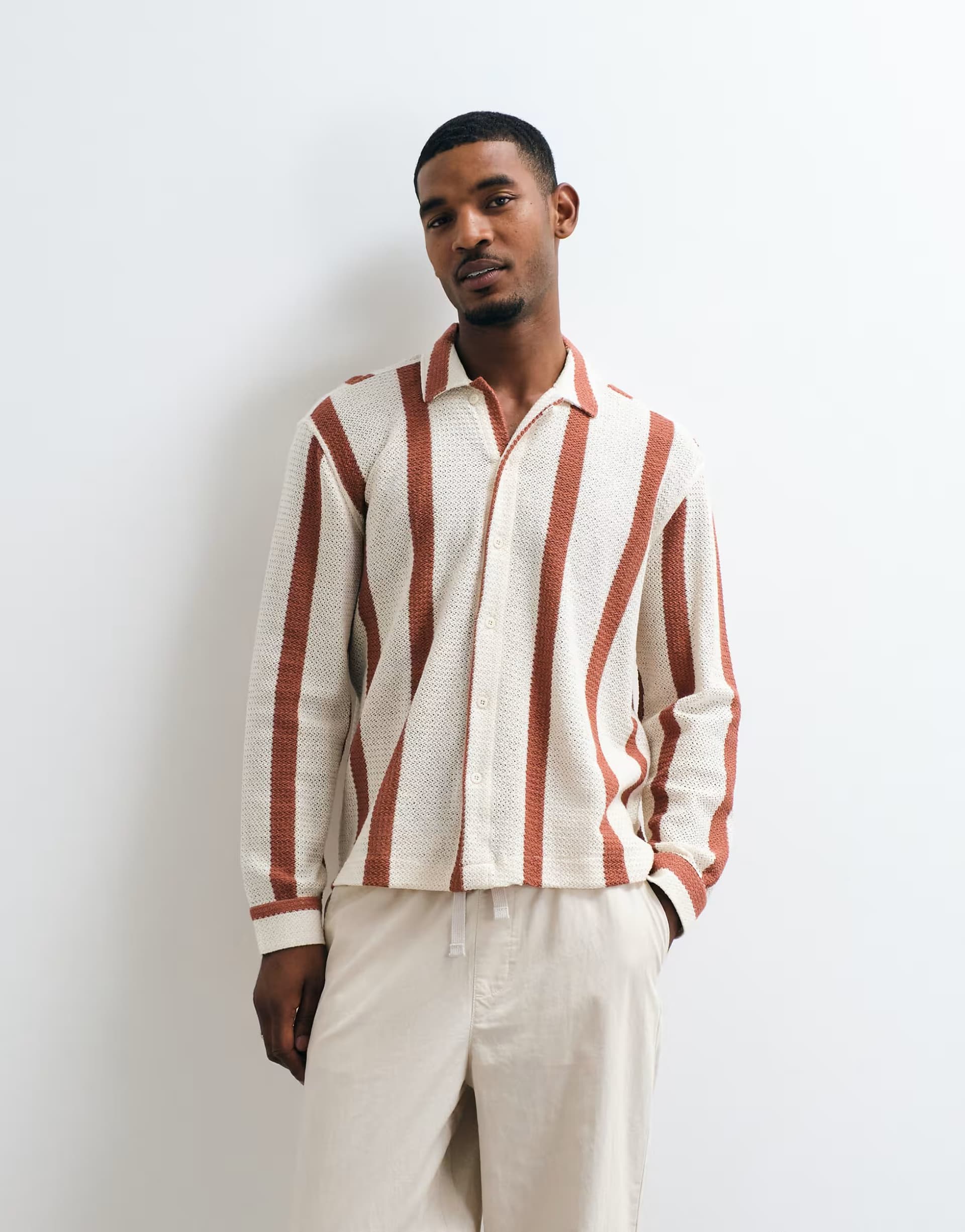ASOS ASOS DESIGN relaxed crochet stripe shirt with placket detail in beige