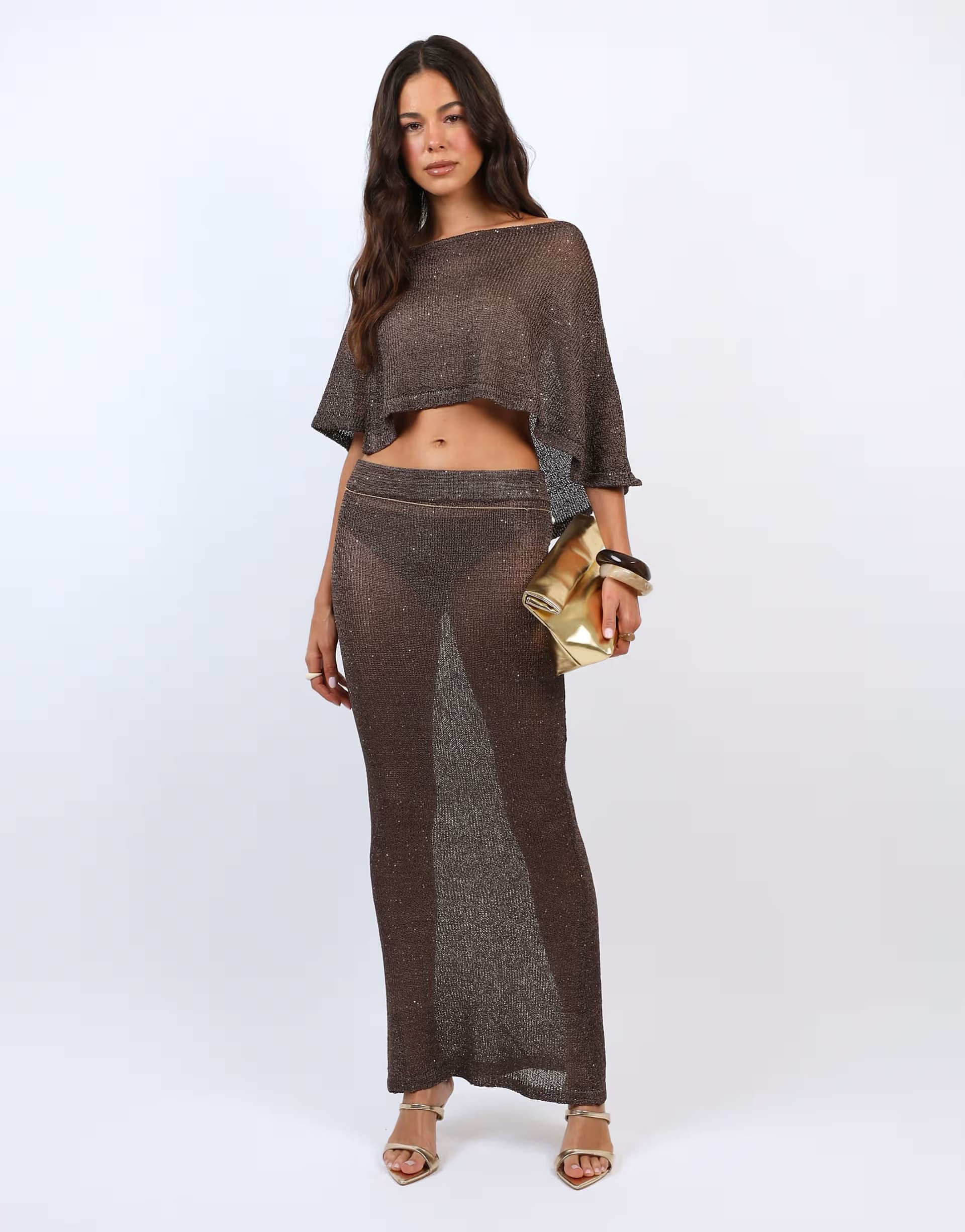 ASOS Simmi London Sheer sequin knit co-ord maxi skirt in brown