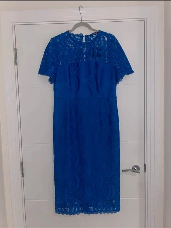 Very Very Blue Lace Midi Dress Size 14 Smart Occasion Stylish Party Work Short Sleeve stylish crochet