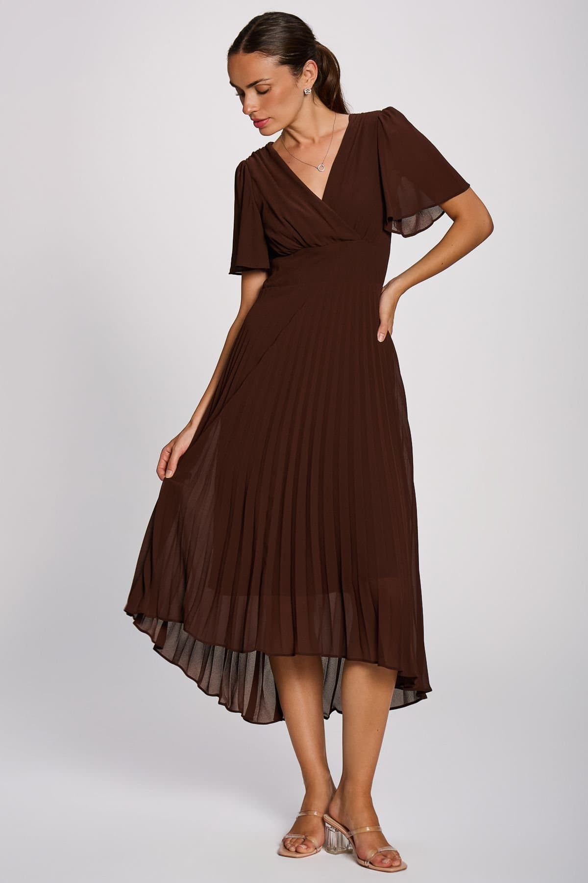 Jolie Moi Jolie Moi Women's Chiffon Pleated Maxi Dress in Brown
