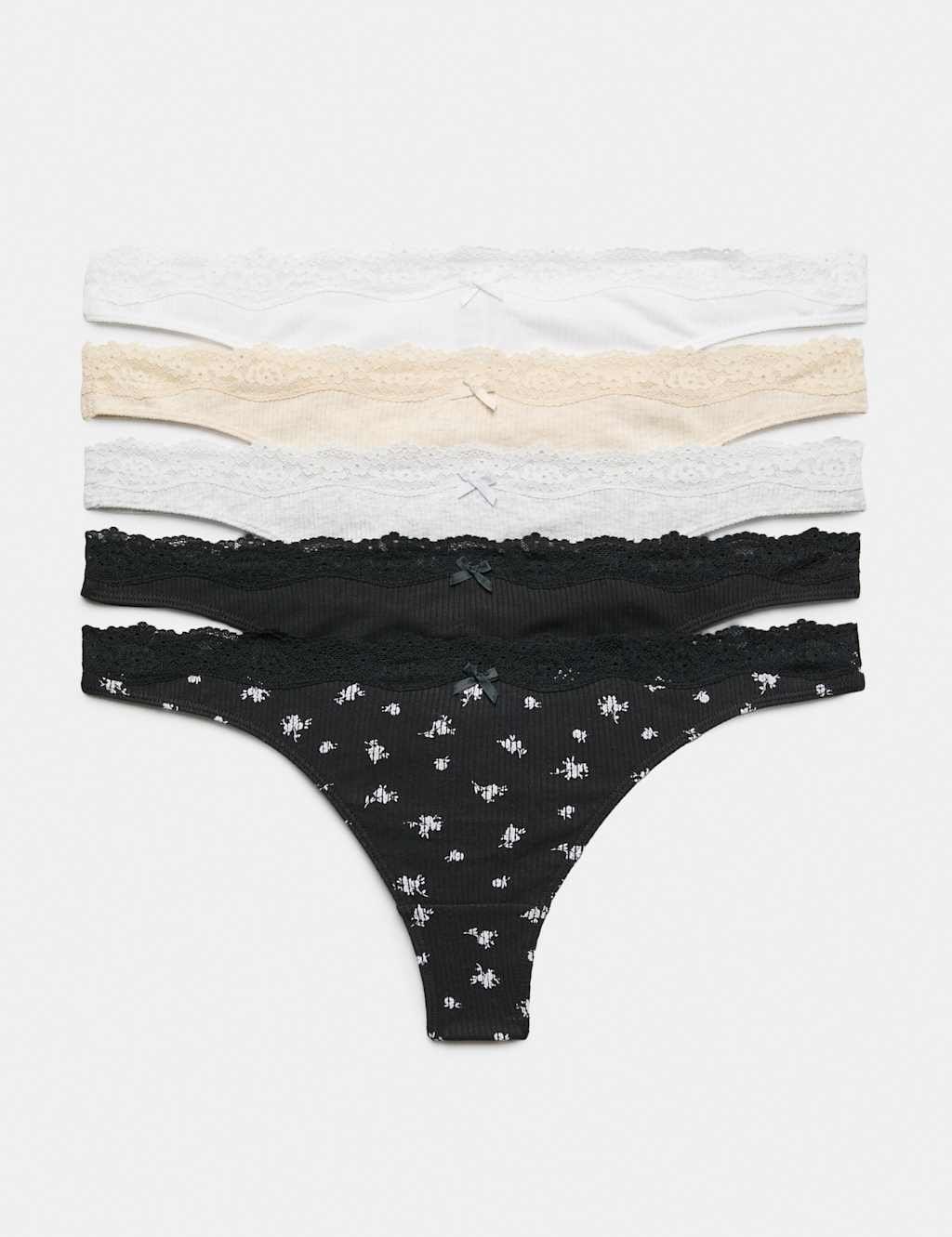 Marks & Spencer M&S 5 Pack Cotton Rich Ribbed Thongs Light Cream - 1