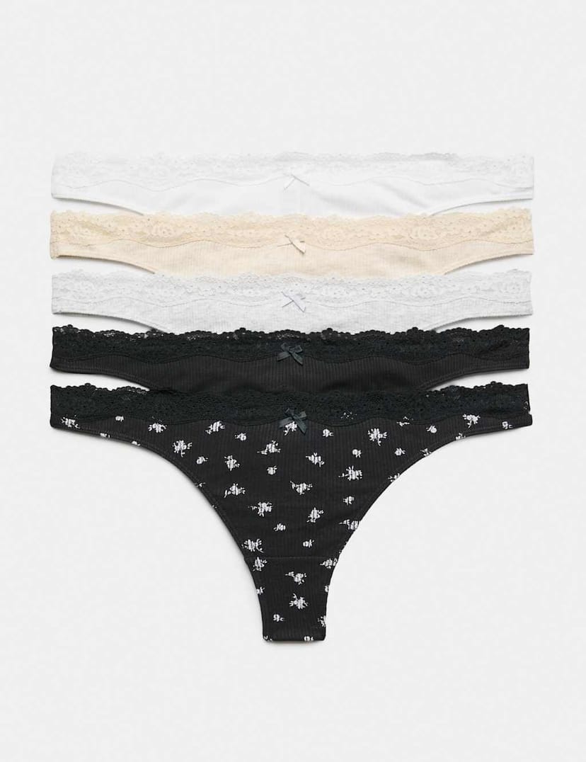 Marks & Spencer M&S 5 Pack Cotton Rich Ribbed Thongs Light Cream - 1