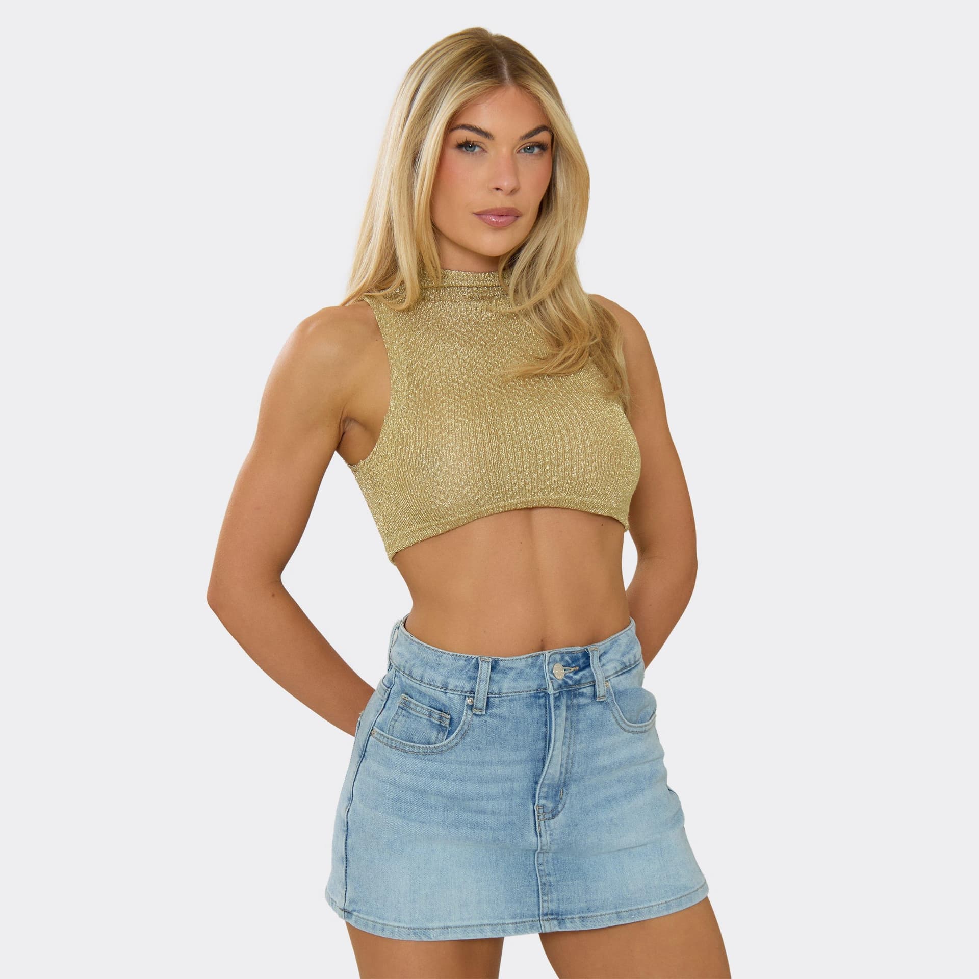 EGO High Neck Crop Top In Gold Metallic Texture, Women's Size UK 6