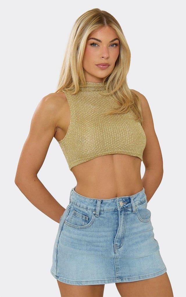 EGO High Neck Crop Top In Gold Metallic Texture, Women's Size UK 6 - 2