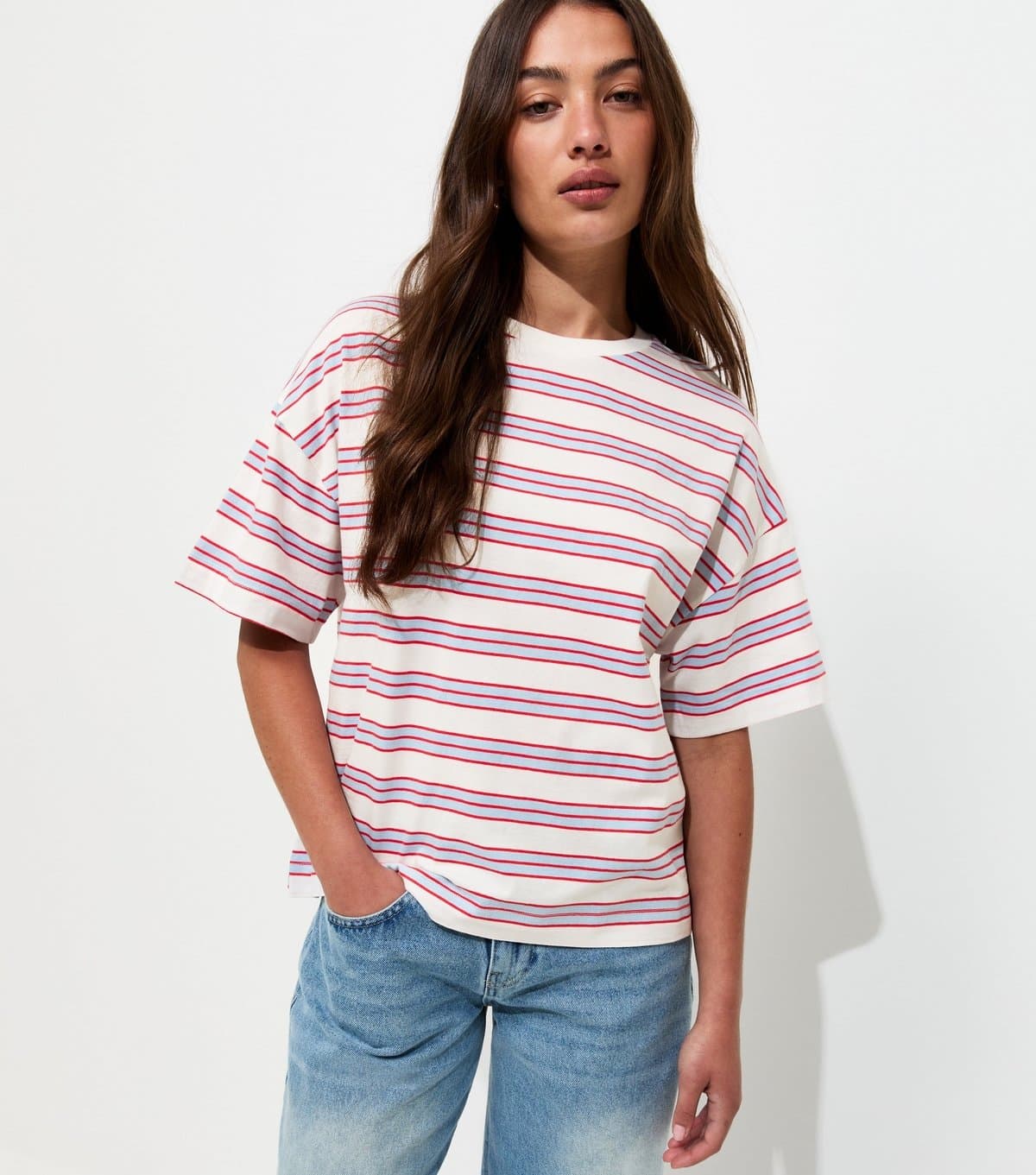 New Look Women's White Cotton Striped Oversized Boxy T-Shirt New Look