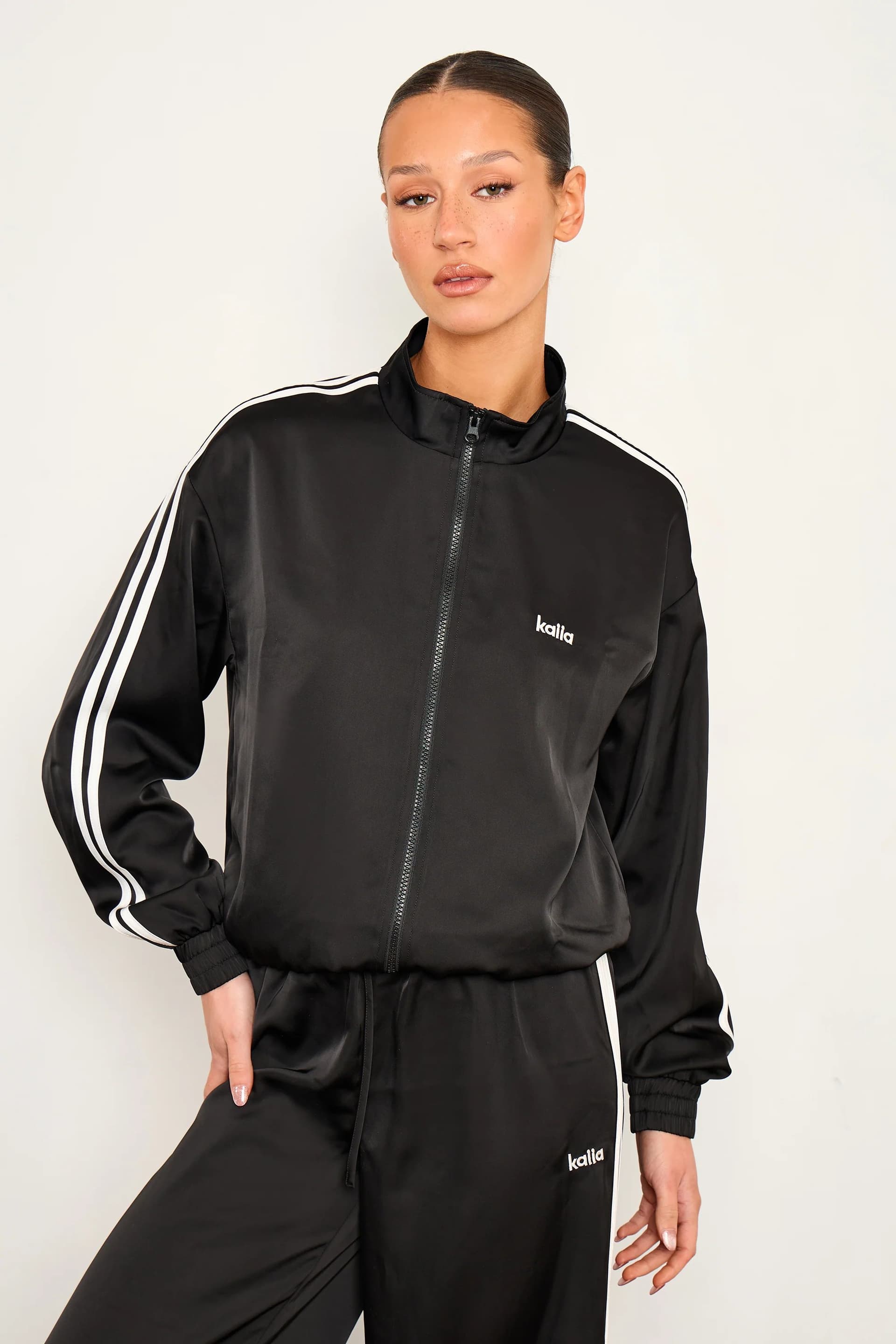 Kaiia Kaiia Satin Side Stripe Zip Up Jacket Black & White