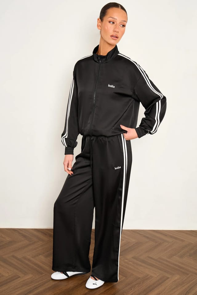 Kaiia Kaiia Satin Side Stripe Zip Up Jacket Black & White - 2