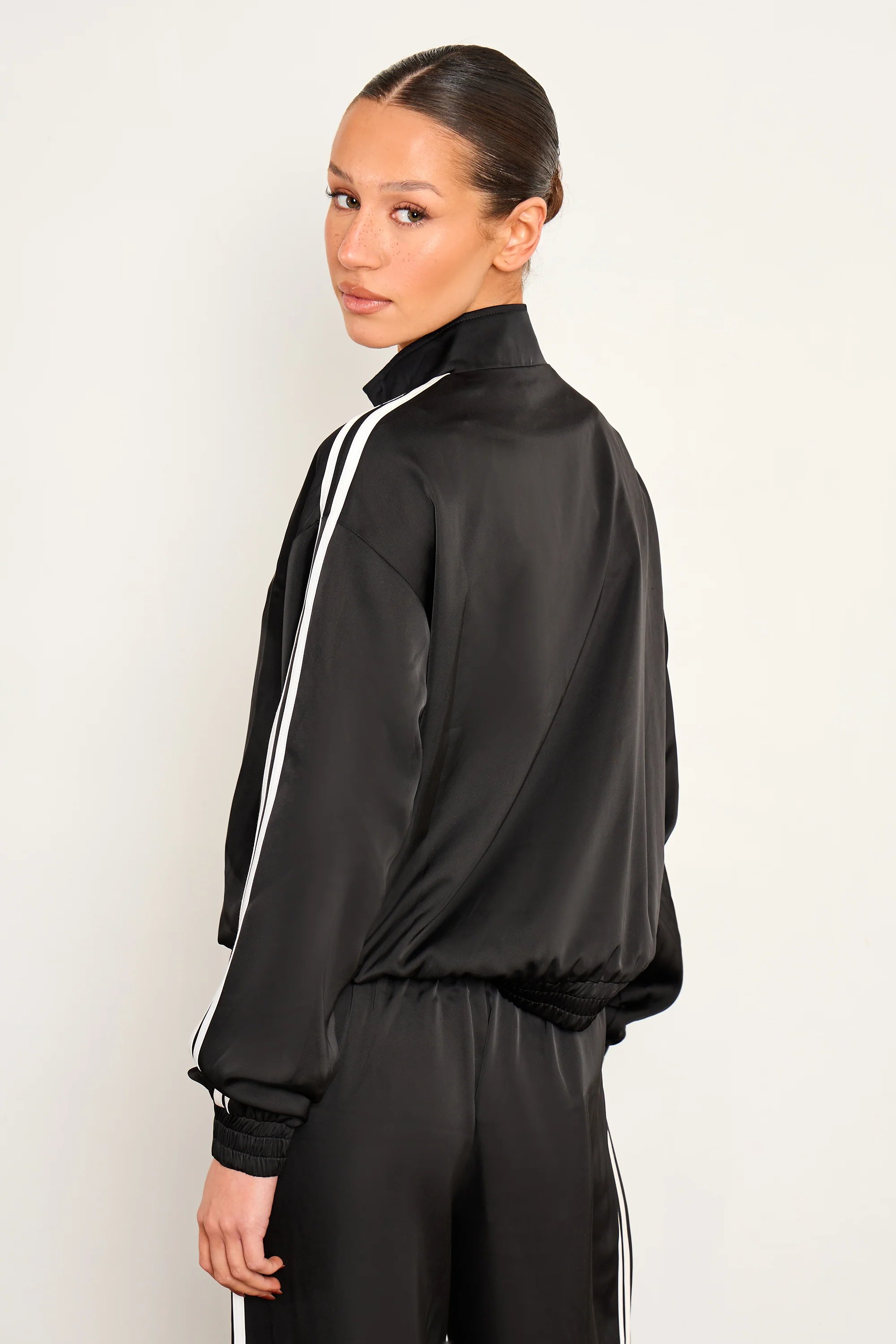 Kaiia Kaiia Satin Side Stripe Zip Up Jacket Black & White - 3