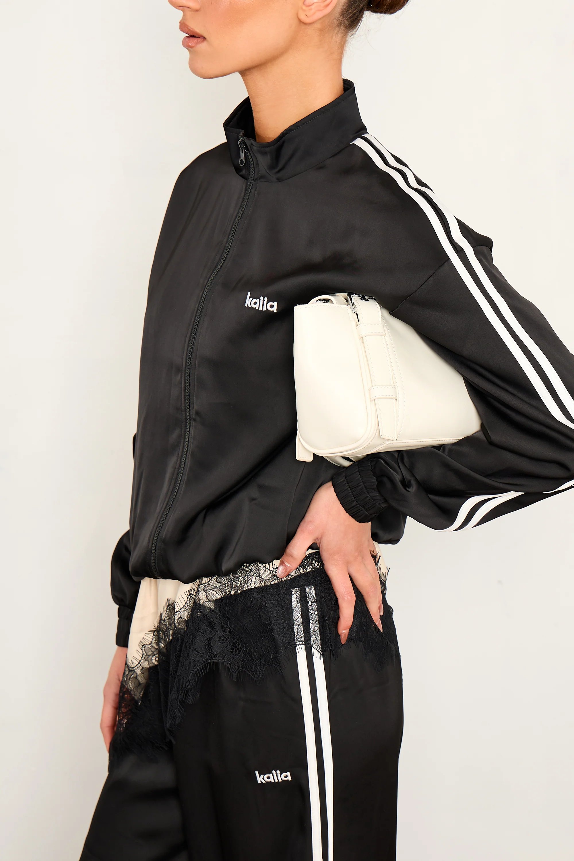 Kaiia Kaiia Satin Side Stripe Zip Up Jacket Black & White - 4