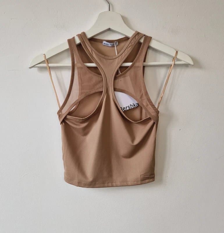 Bershka Bershka Cropped Tank Top NEW Size XS Tan Nude Sheer Netted Cut Out Vest Holiday