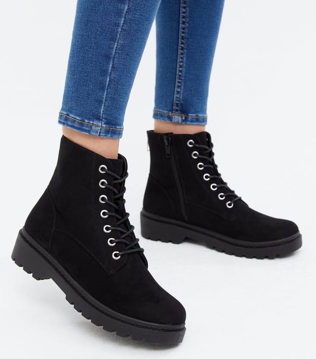 New Look Women's Black Suedette Lace Up Chunky Ankle Boots Vegan New Look - 2