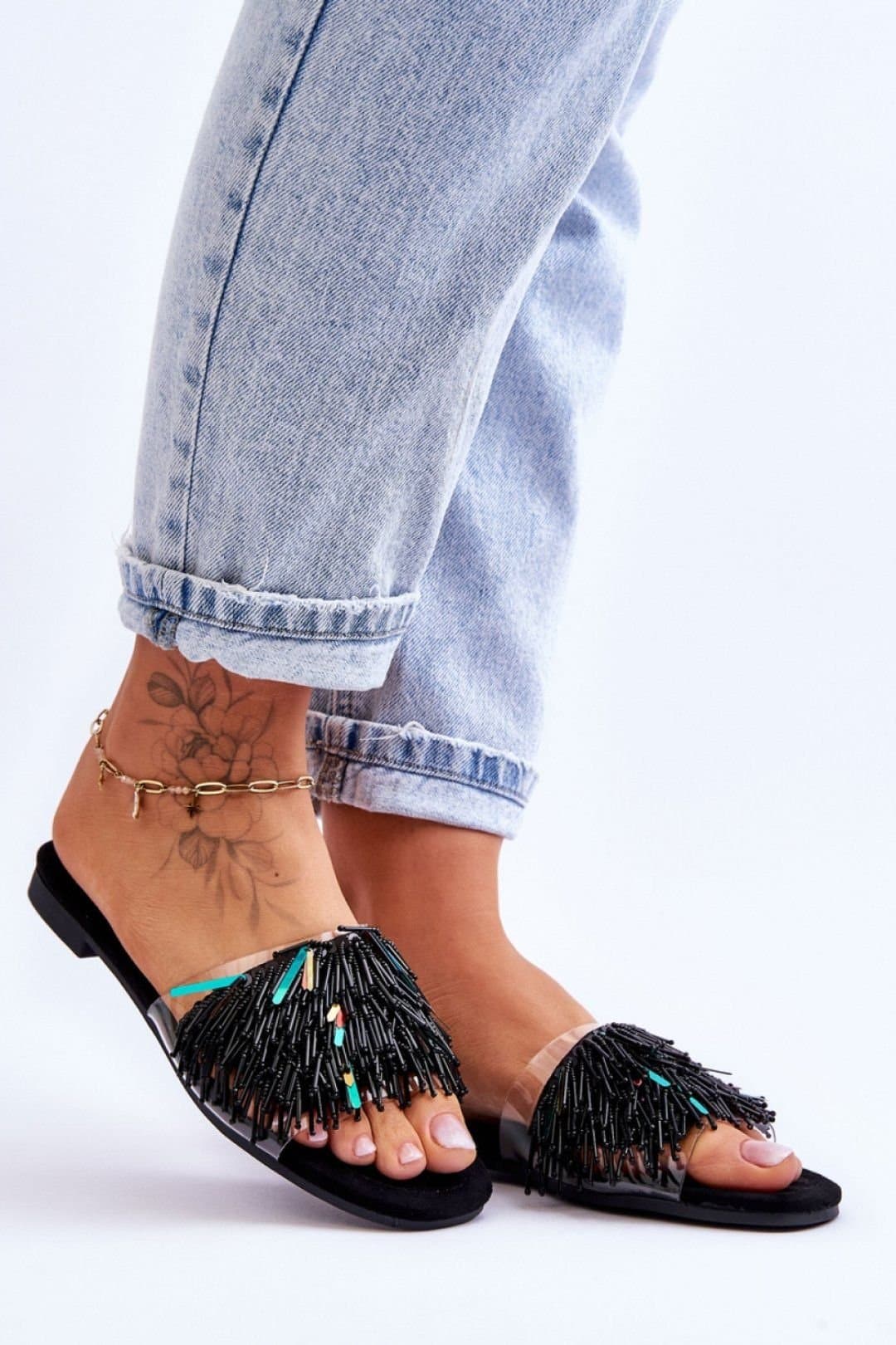 Love Lace Love Lace Black Beaded Tassel Flip Flops with Suede Insole
