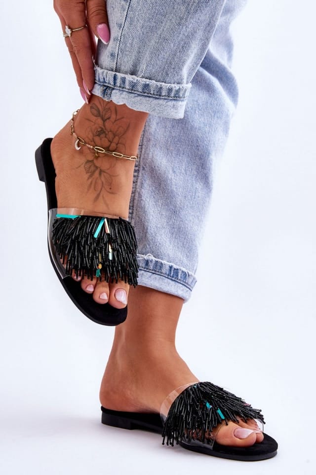 Love Lace Love Lace Women's Beaded Tassel Flat Heel Non Slip Flip Flops with Suede Insole in Black - 2