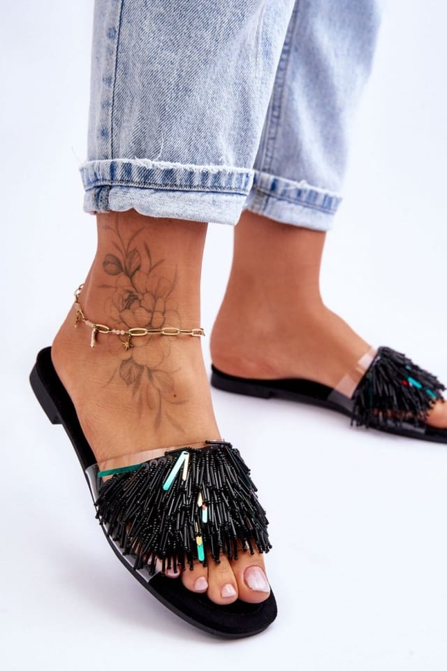 Love Lace Love Lace Women's Beaded Tassel Flat Heel Non Slip Flip Flops with Suede Insole in Black - 3