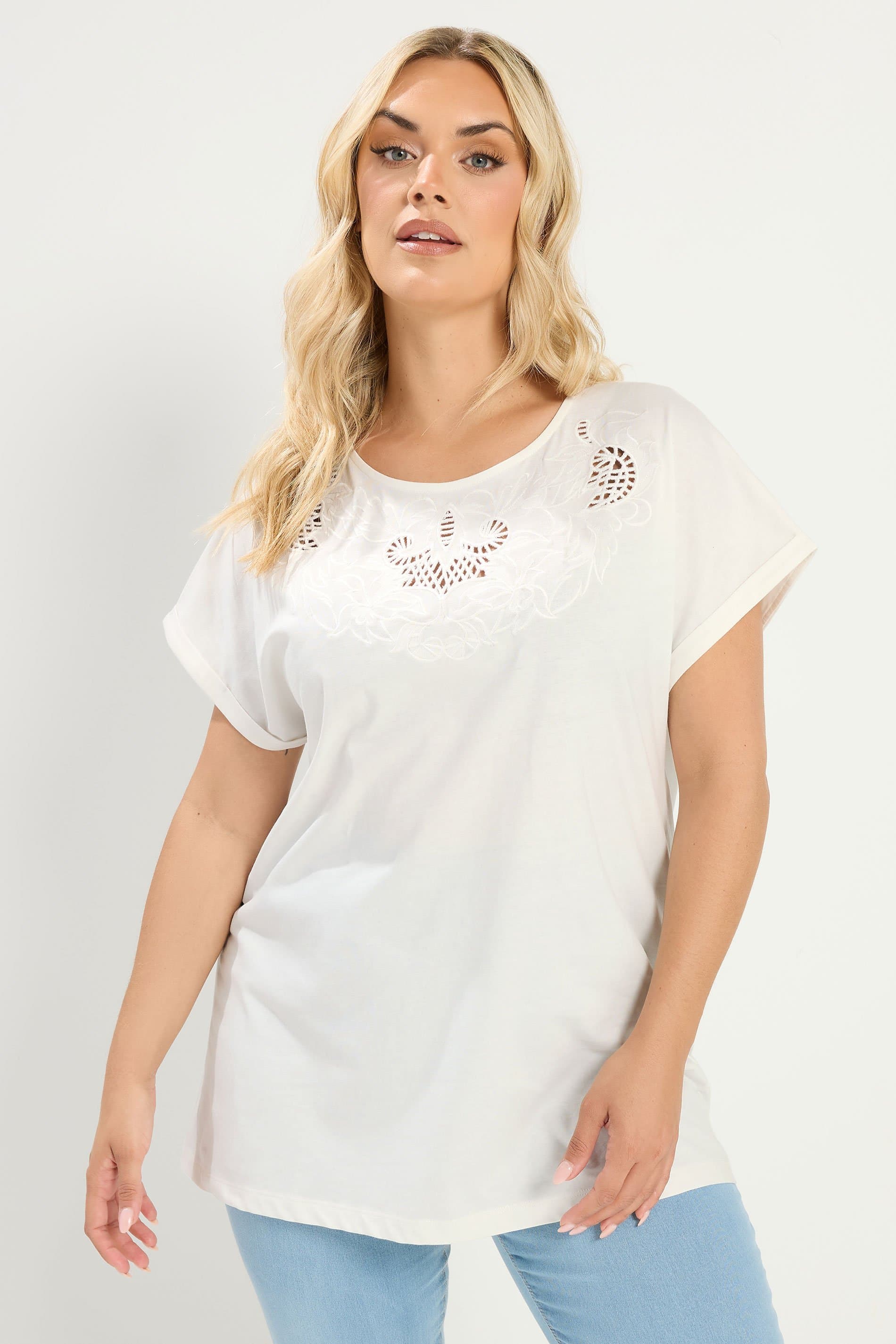 Yours Plus Size White Broderie Anglaise Grown On Sleeve Tshirt