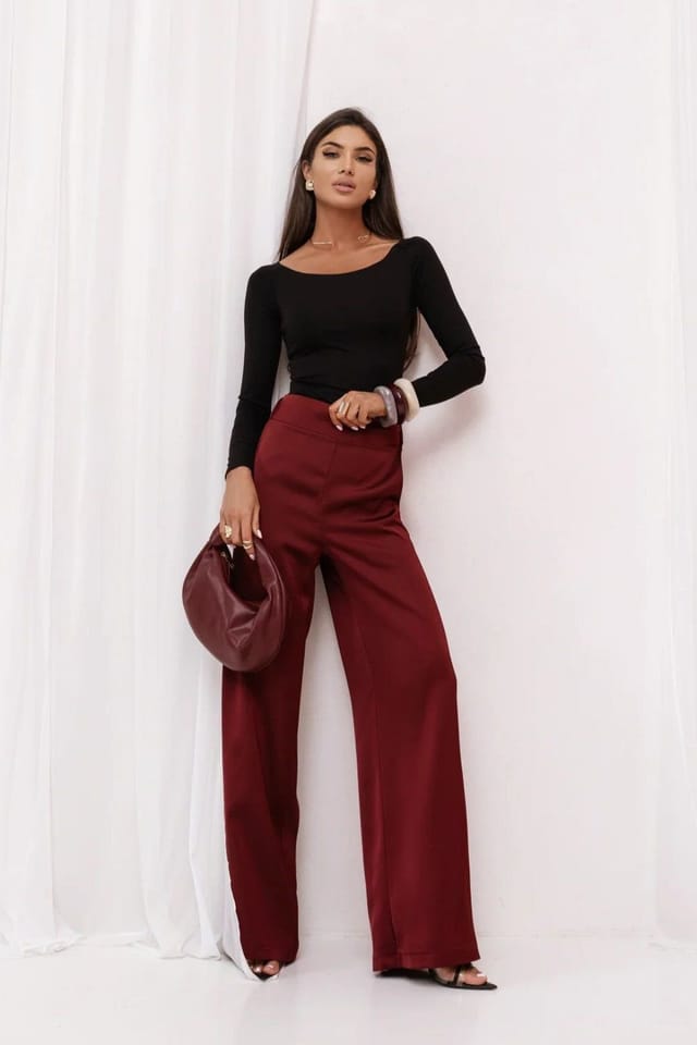 Love Lace Love Lace Women's Bordeaux Satin Trousers DIVA High Comfort in Red - 2