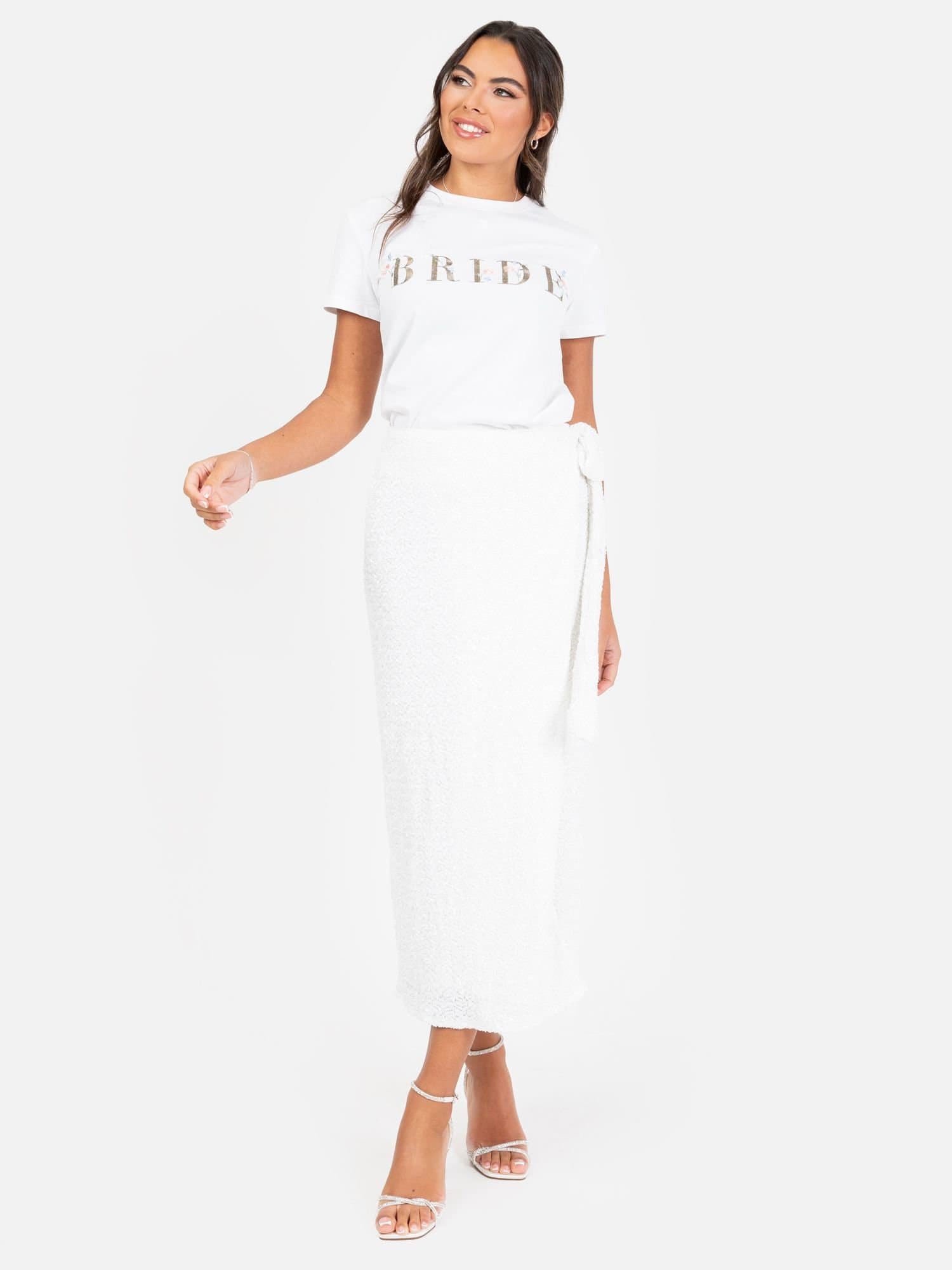 Maya Deluxe Maya Deluxe Women's Fully Embellished Wrap Midi Skirt in White