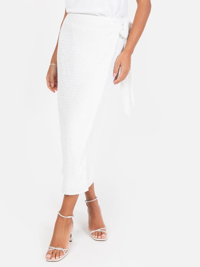 Maya Deluxe Maya Deluxe Women's Fully Embellished Wrap Midi Skirt in White - 2