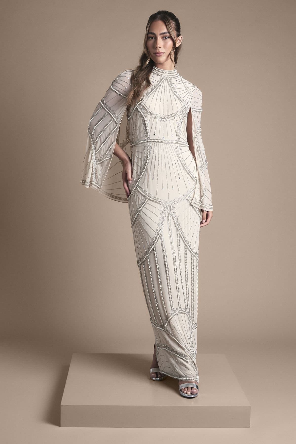 Coast Coast Women's Embellished Column Maxi Wedding Dress with Cape Detail in Champagne