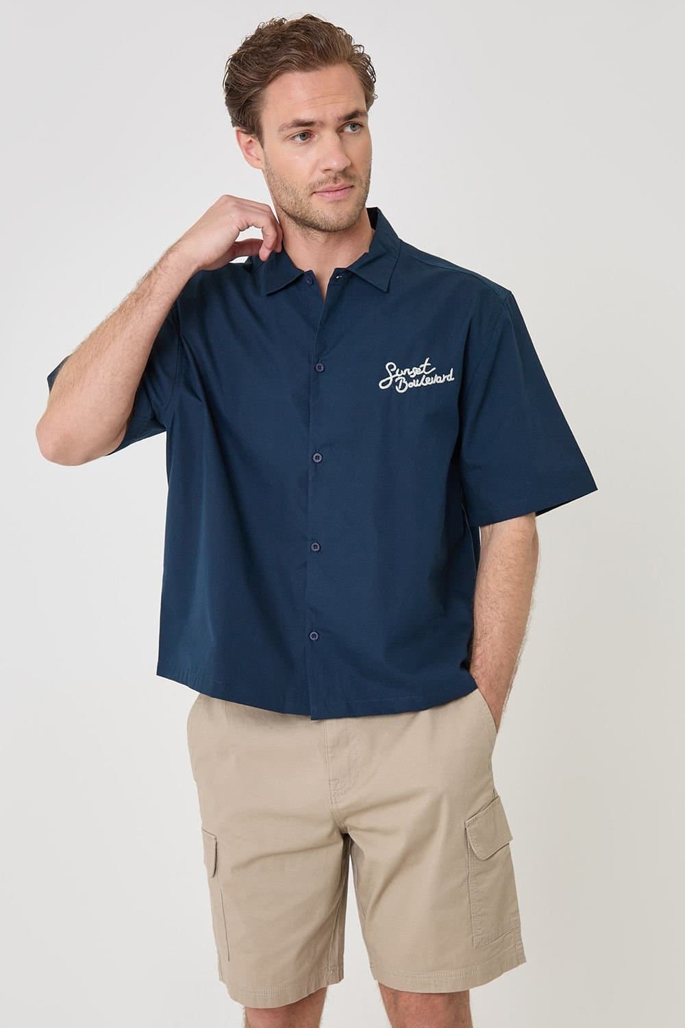 Threadbare threadbare Men's Embroidered Boxy Fit Short Sleeve Shirt in Navy
