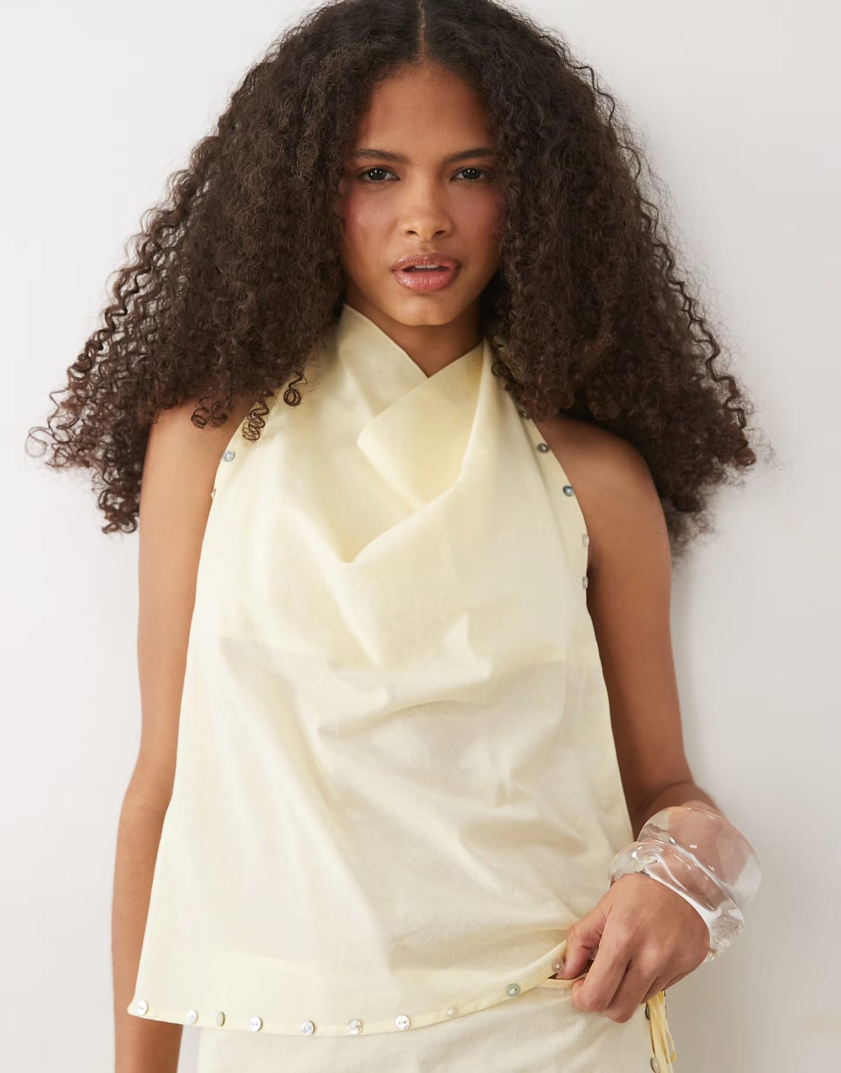 ASOS Mango cowl neck tie back embellished beach top co-ord in butter yellow - 1