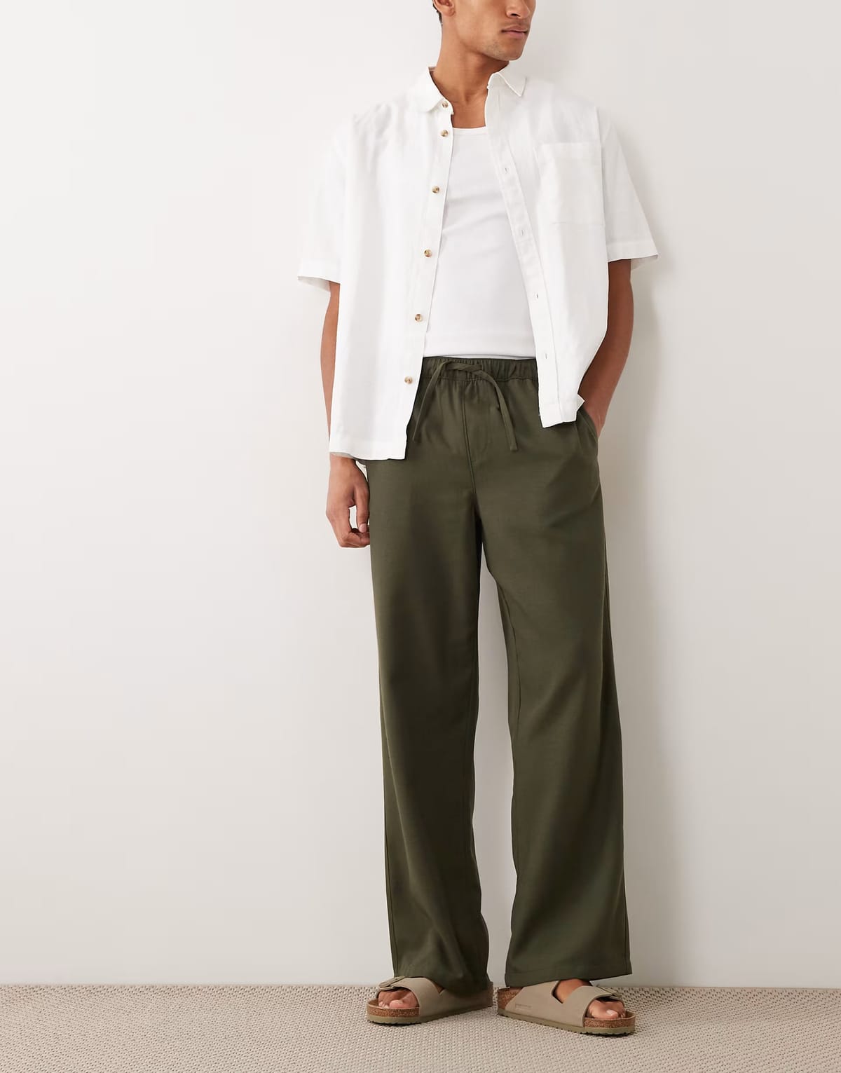 ASOS New Look wide leg linen look trousers in khaki - 1