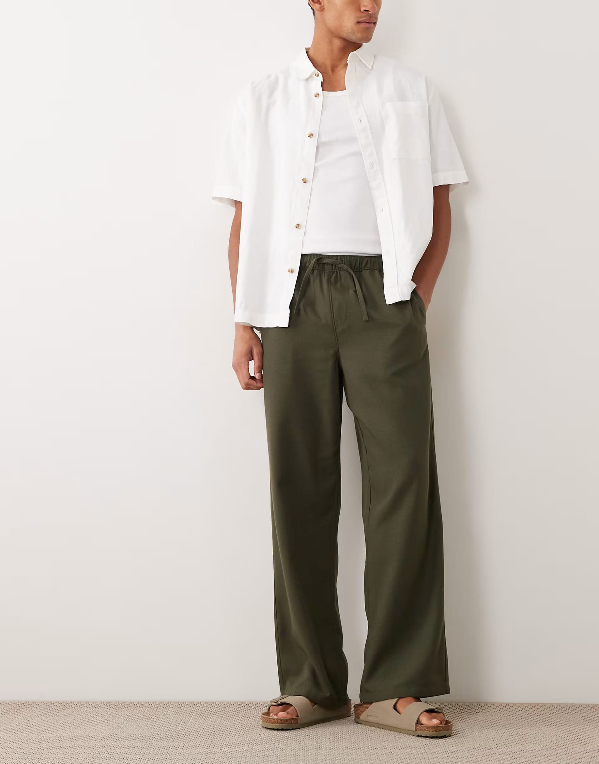 ASOS Dark Khaki Linen Look Wide Leg Trousers