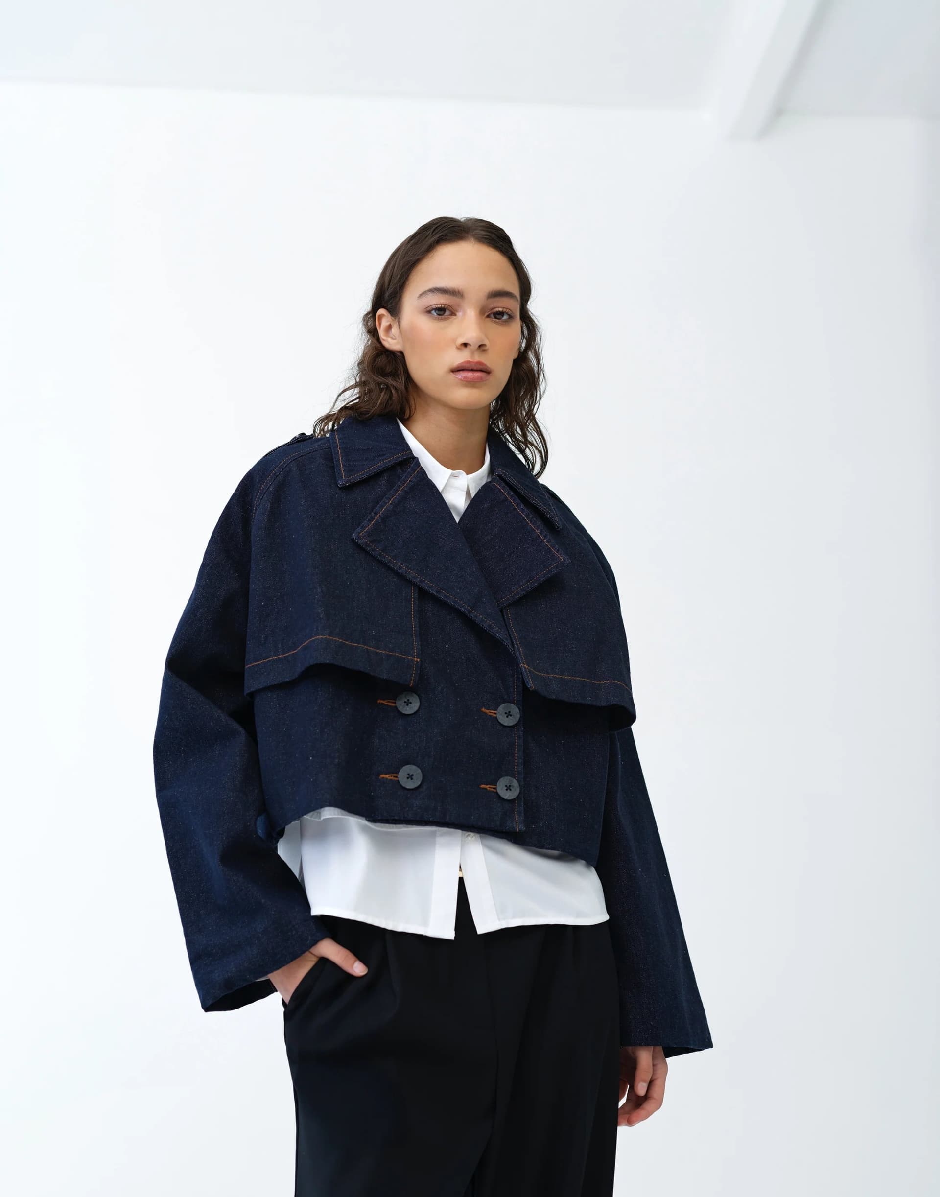 French Connection Aussie Denim Cropped Trench Coat Dark Indigo