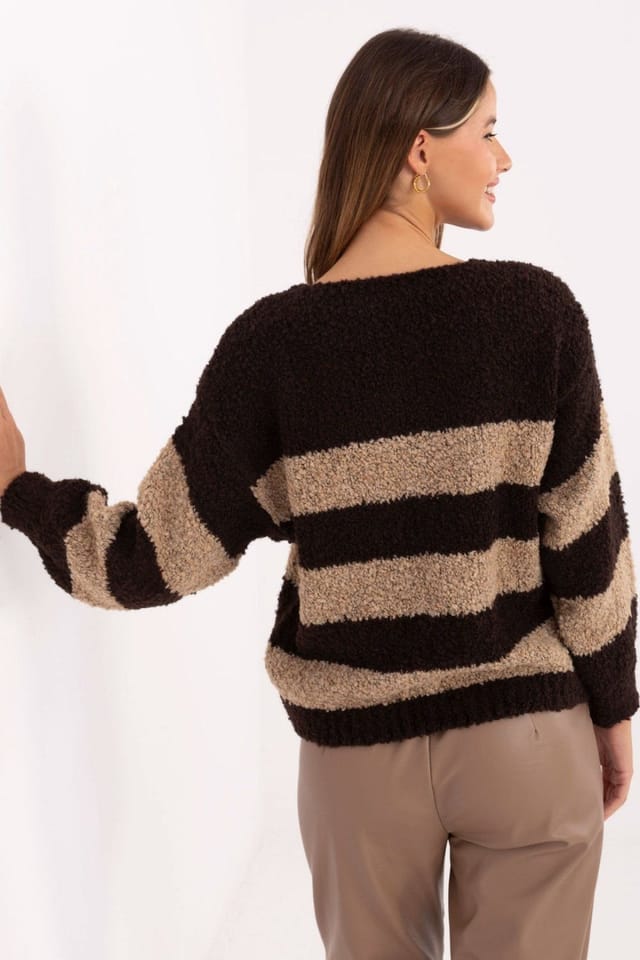 Love Lace Love Lace Women's Striped V Neck Loose Fit Sweater in Brown - 3