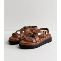 New Look Women's Tan Faux Leather Crossover Strap Flatform Sandals Vegan New Look - 3