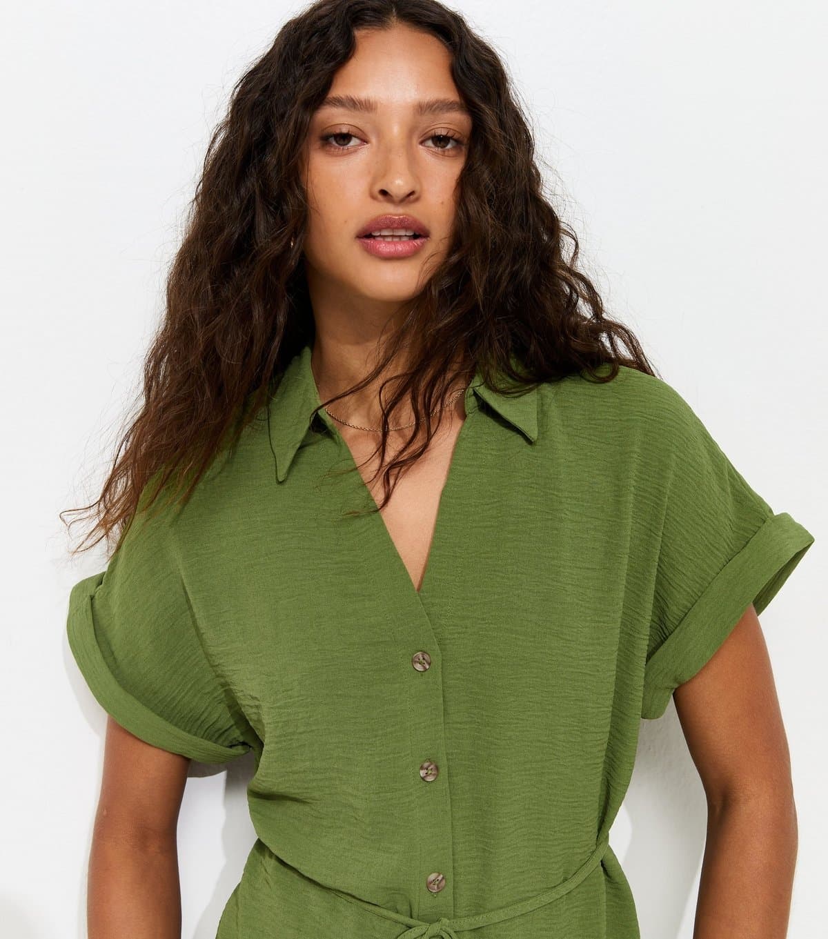 New Look Women's Dark Khaki Belted Short Sleeve Shirt New Look