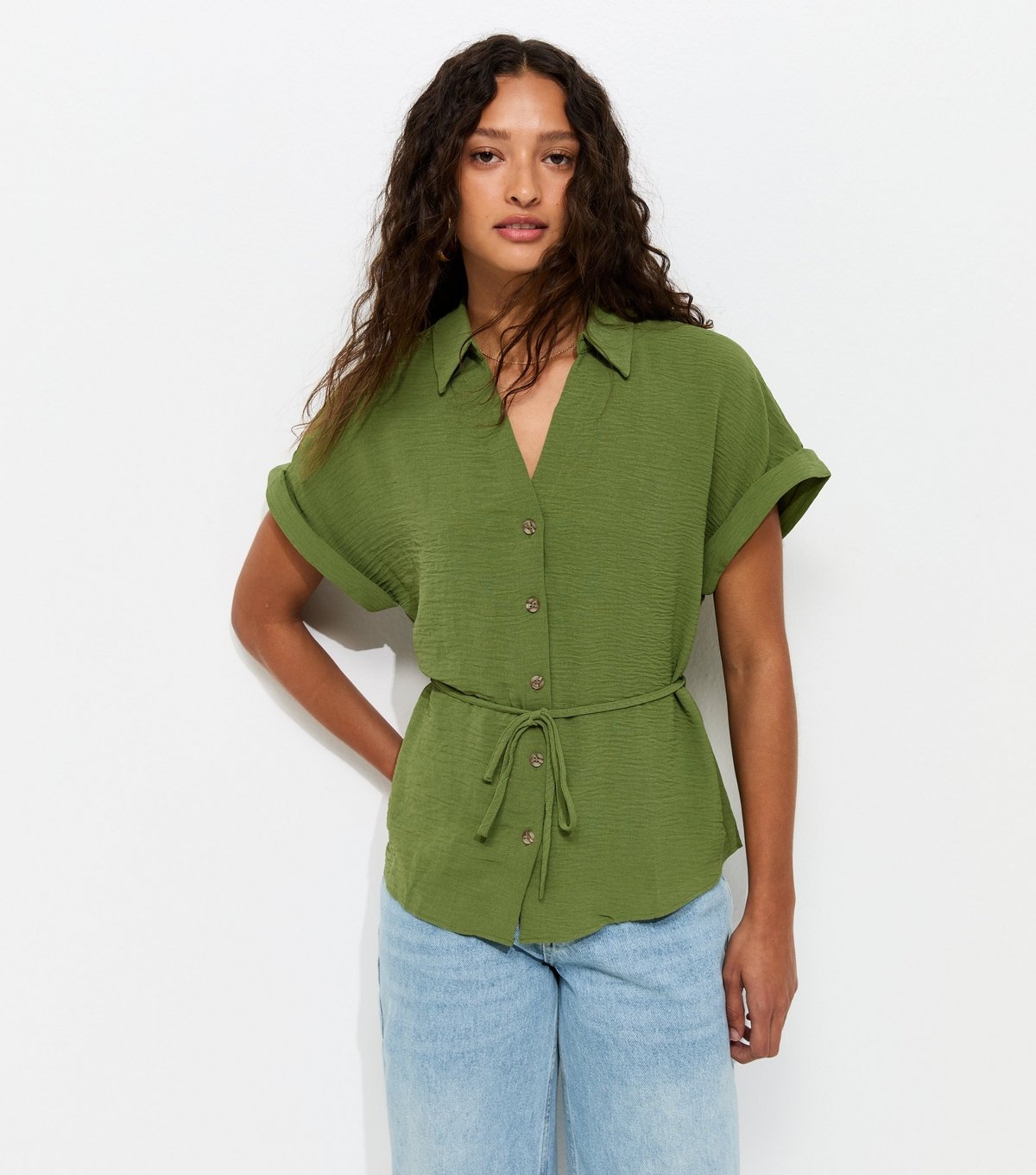 New Look Women's Dark Khaki Belted Short Sleeve Shirt New Look - 2