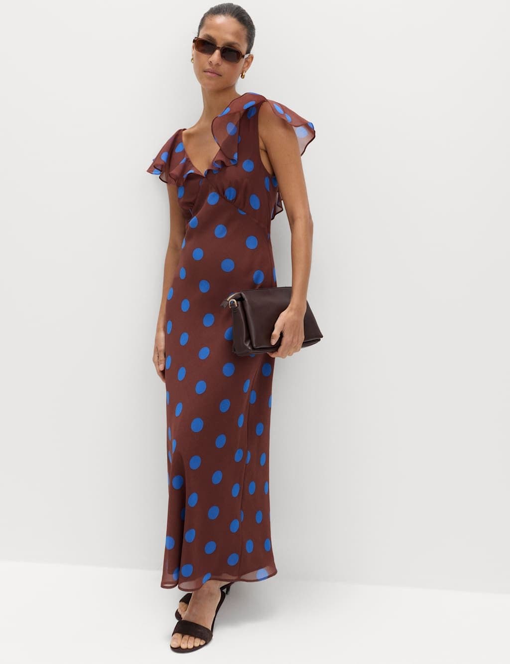 Marks & Spencer M&S Polka Dot V-Neck Frill Sleeve Midi Column Dress Brown Mix