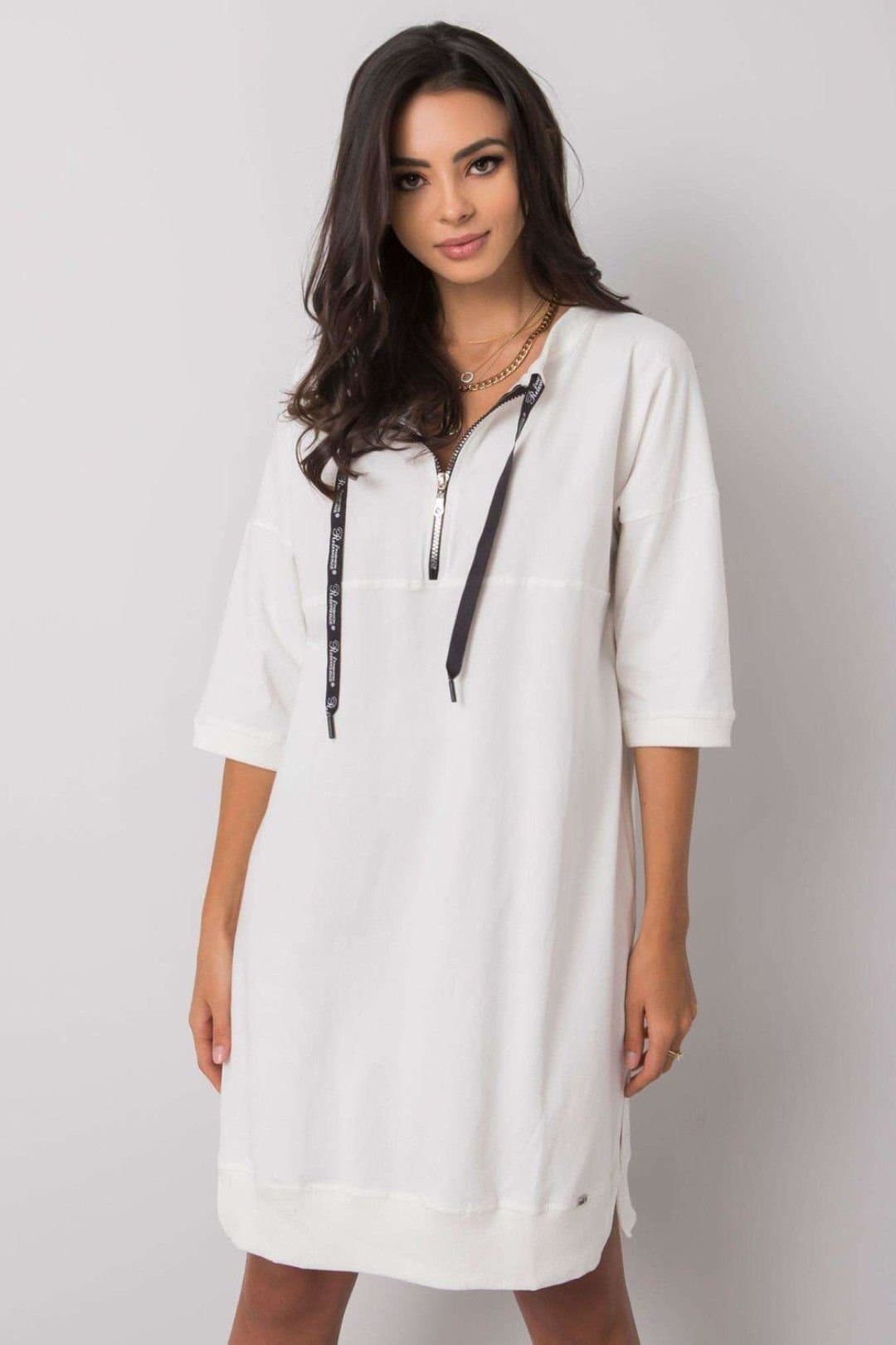 Love Lace Love Lace Women's Cotton Zipper Dress with 3/4 Sleeves in Off-White