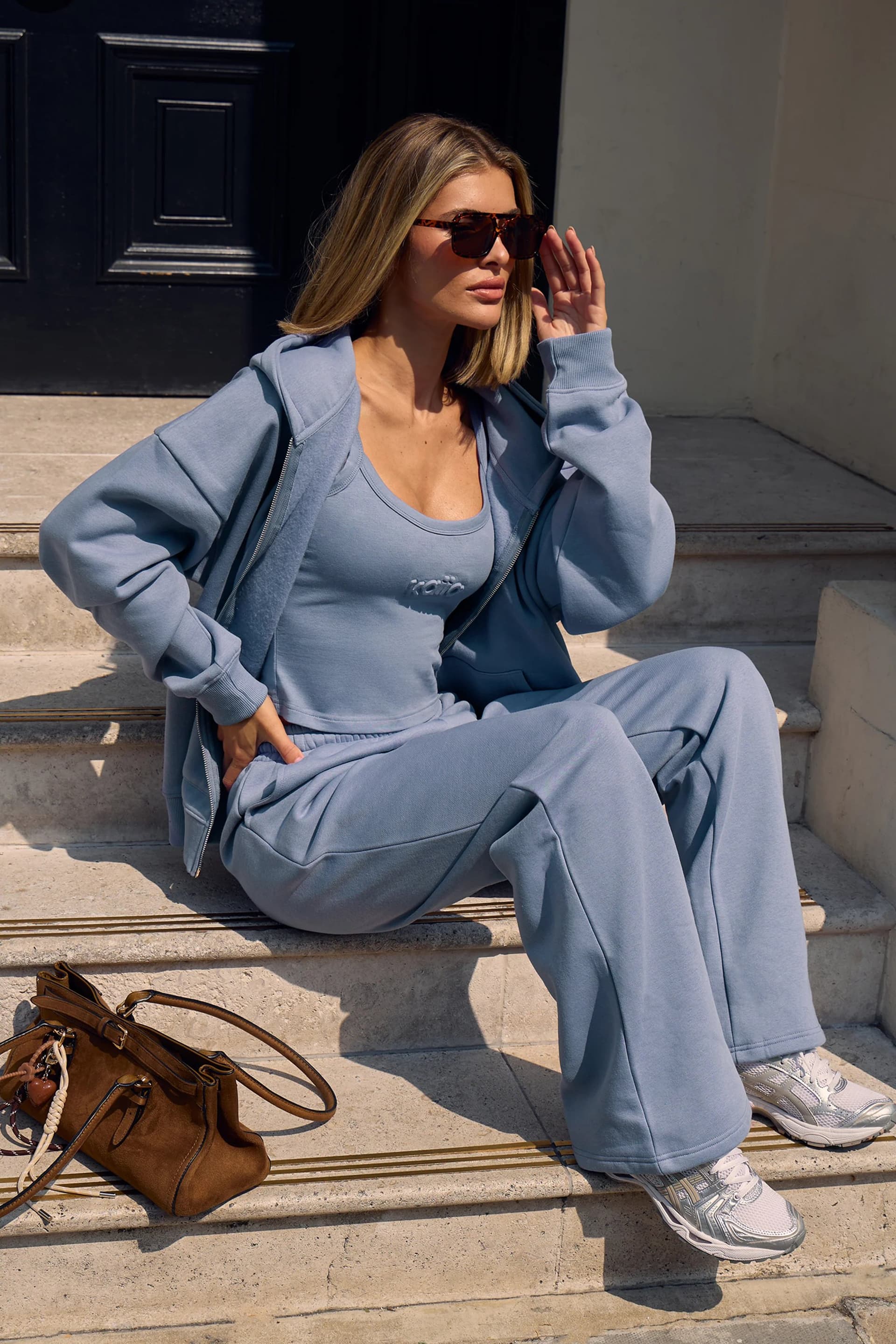 Kaiia Kaiia Vintage Blue Embossed Wide Leg Joggers