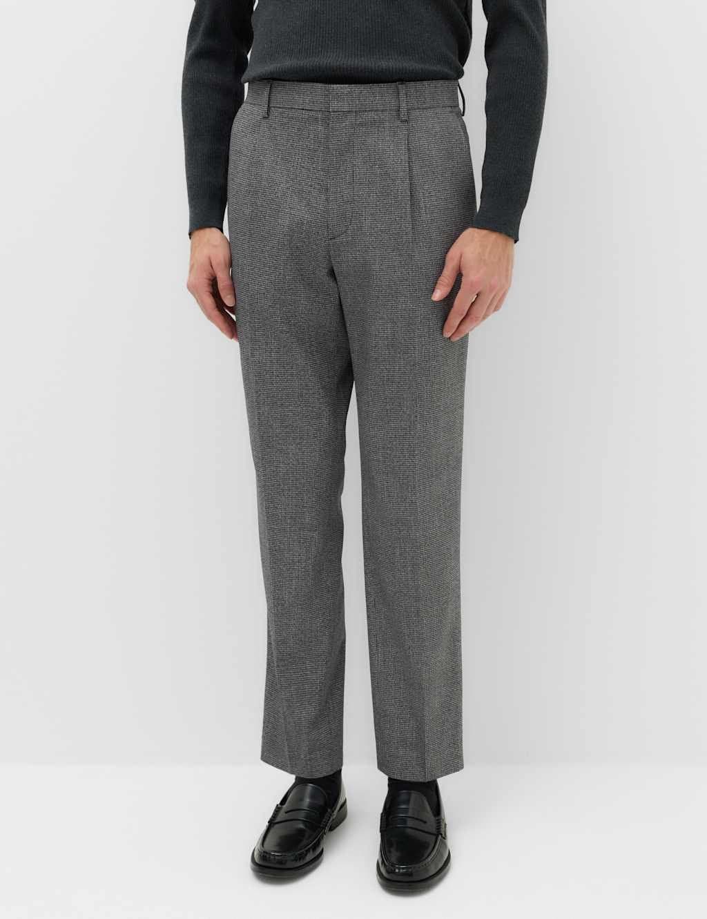 Marks & Spencer M&S Tailored Fit Puppytooth Stretch Trousers Grey Mix