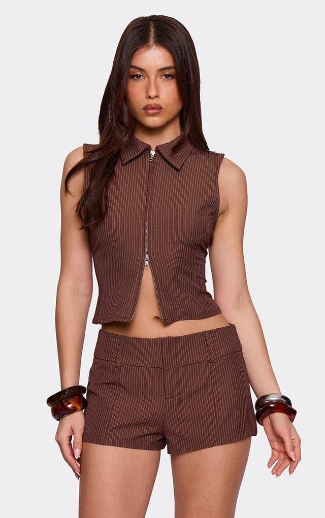 EGO Sleeveless Zip Up Front Collared Top In Brown Pinstripe, Women's Size UK 6 - 2