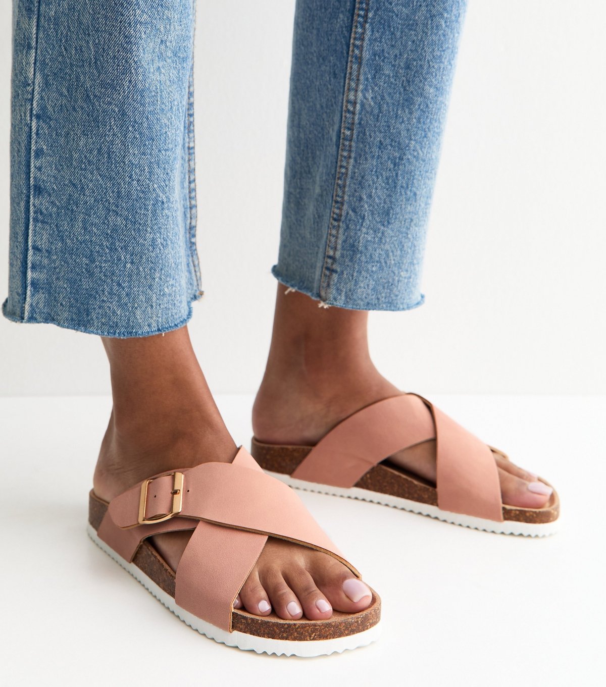 New Look Women's Wide Fit Pink Faux Suede Cork Sole Sandals Vegan New Look - 2