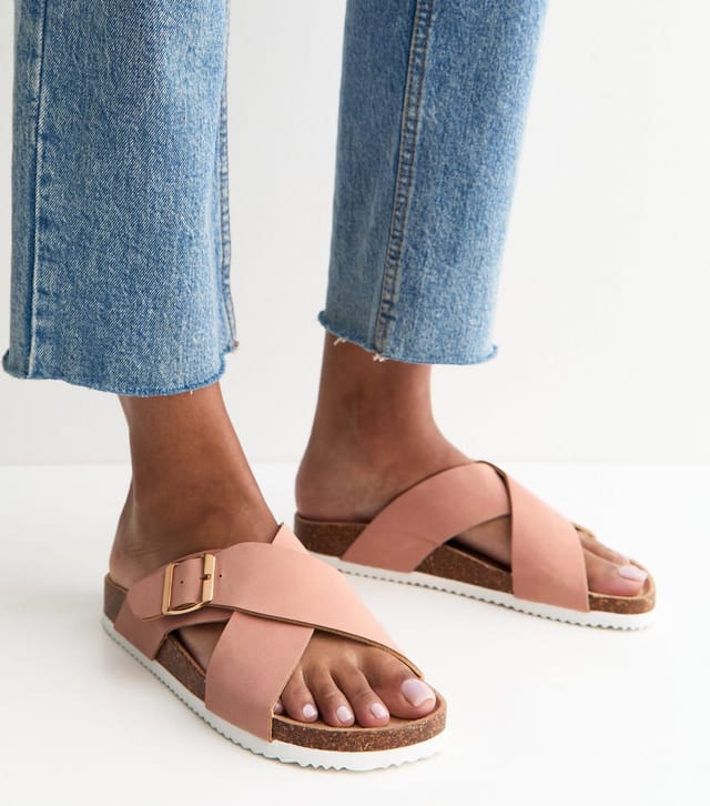 New Look Women's Wide Fit Pink Faux Suede Cork Sole Sandals Vegan New Look - 2