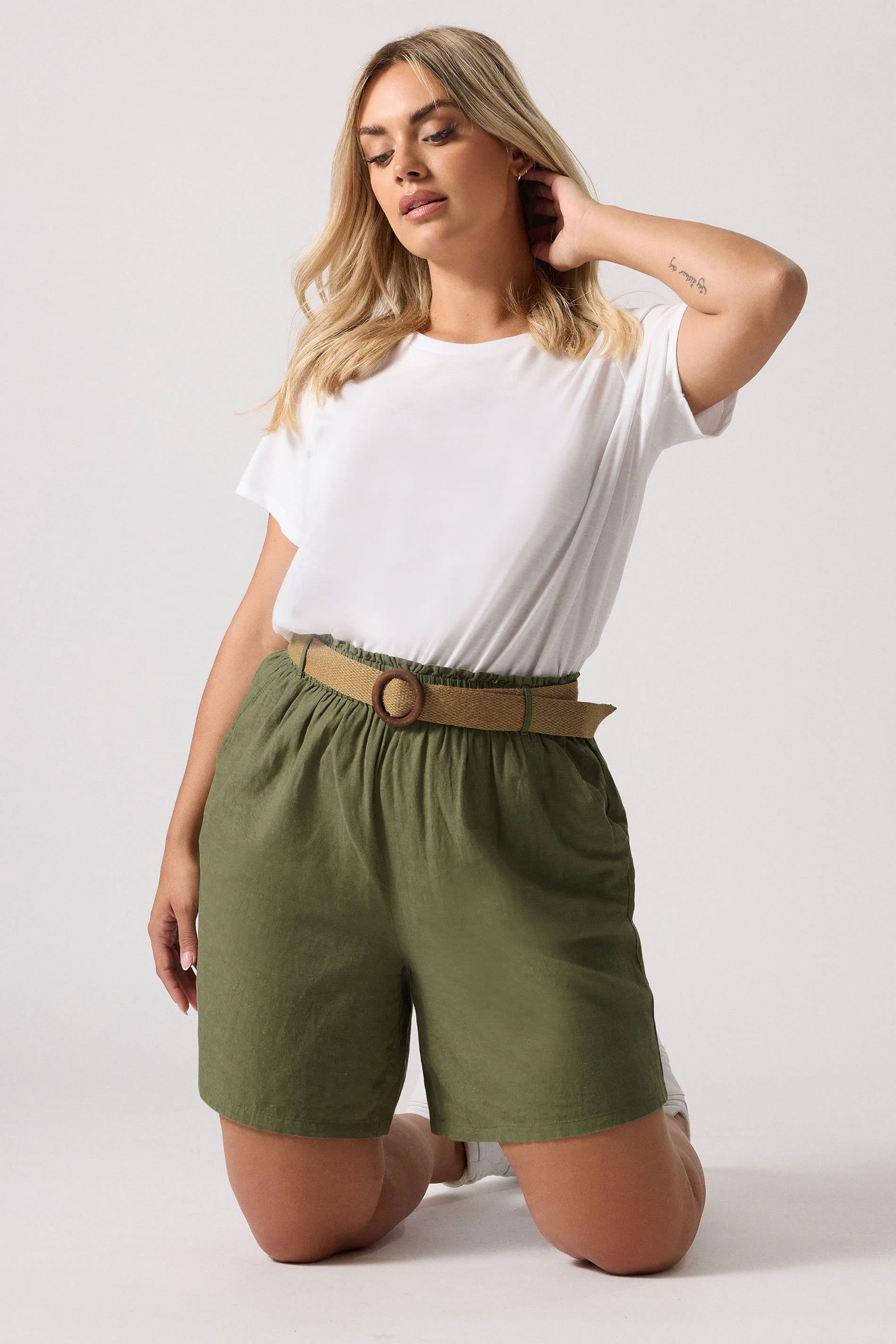 Yours Plus Size Khaki Green Belted Linen Shorts