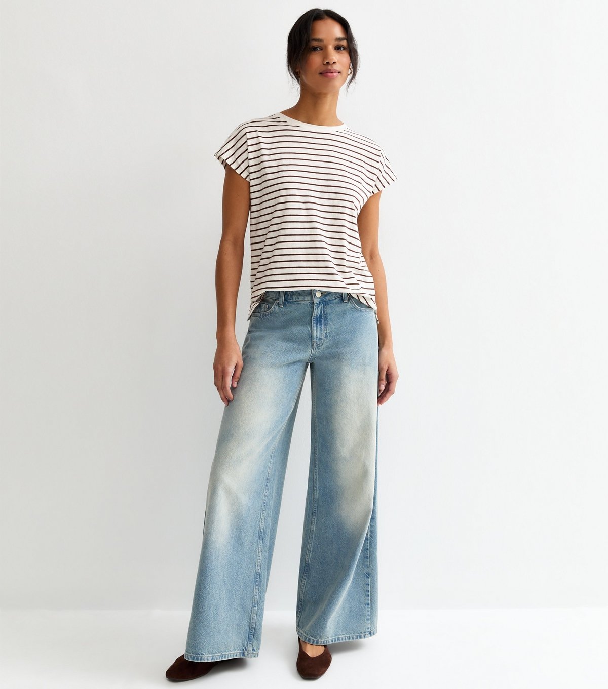 New Look Women's Brown Cotton Striped Grown On Sleeve T-Shirt New Look - 3