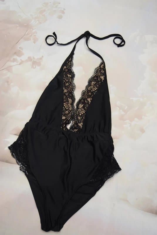 ASOS ASOS Black lace Insert Halter neck Swimsuit Size 10        k14