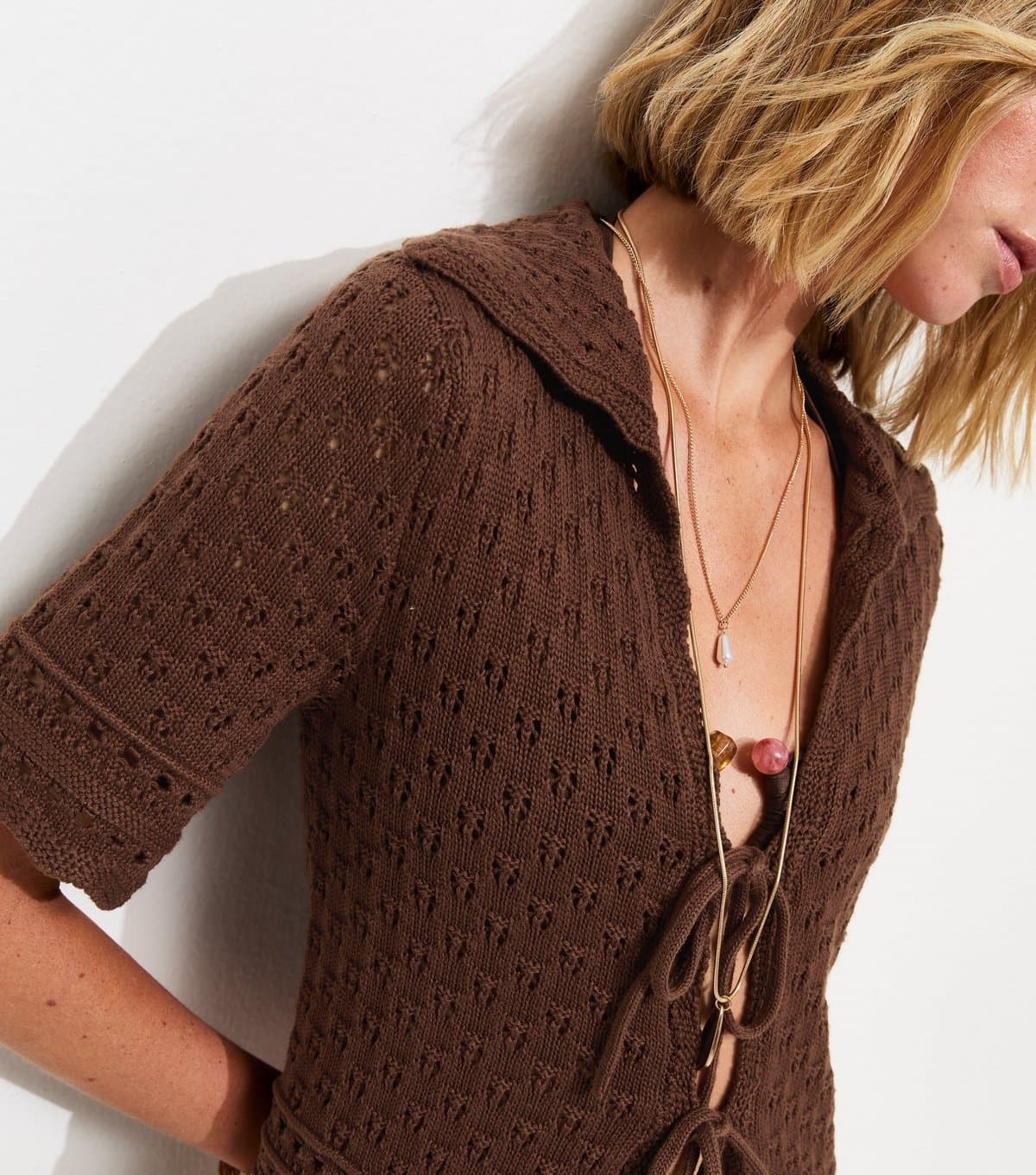 New Look Women's Dark Brown Pointelle Tie Front Collared Top New Look