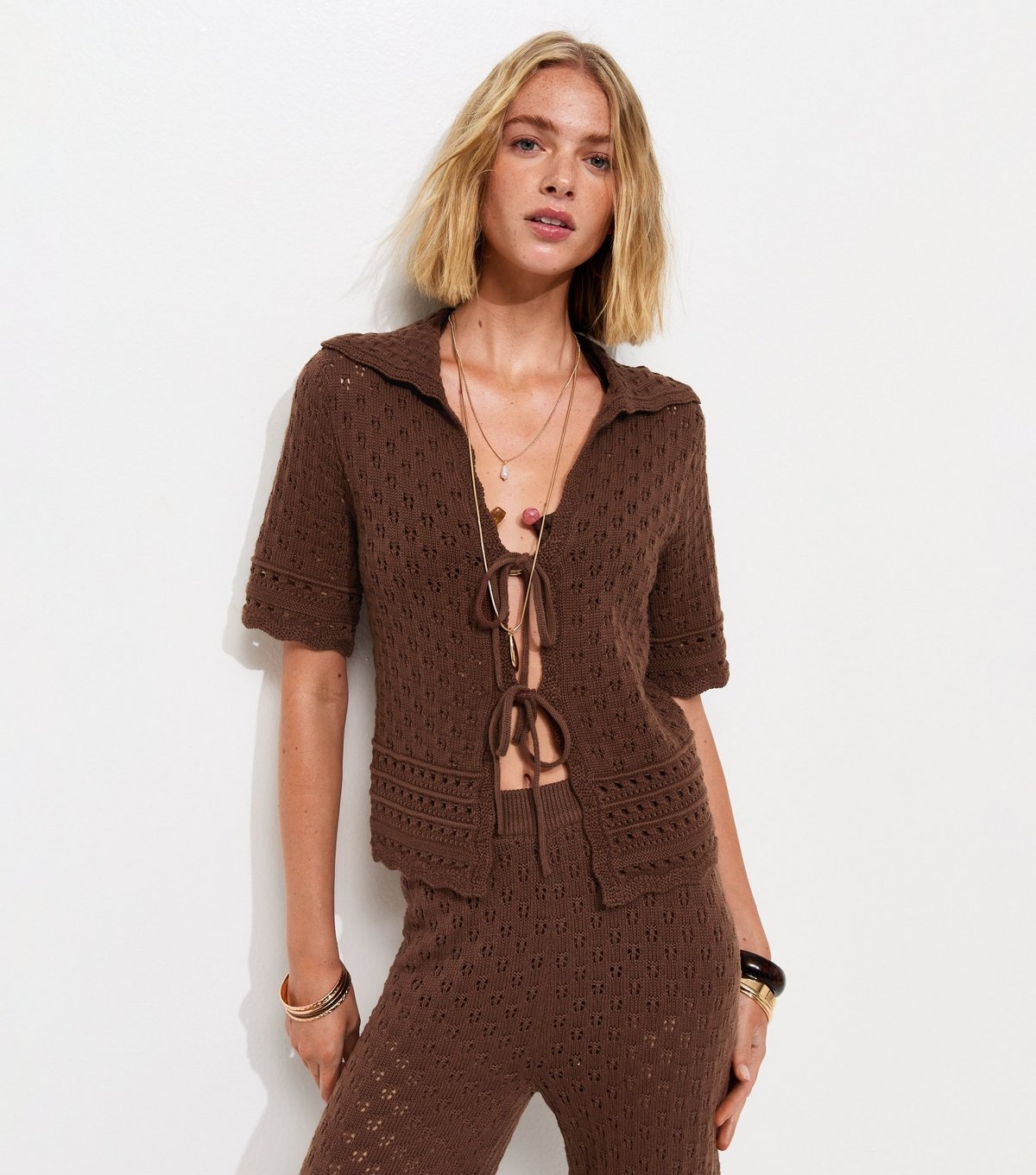 New Look Women's Dark Brown Pointelle Tie Front Collared Top New Look - 2