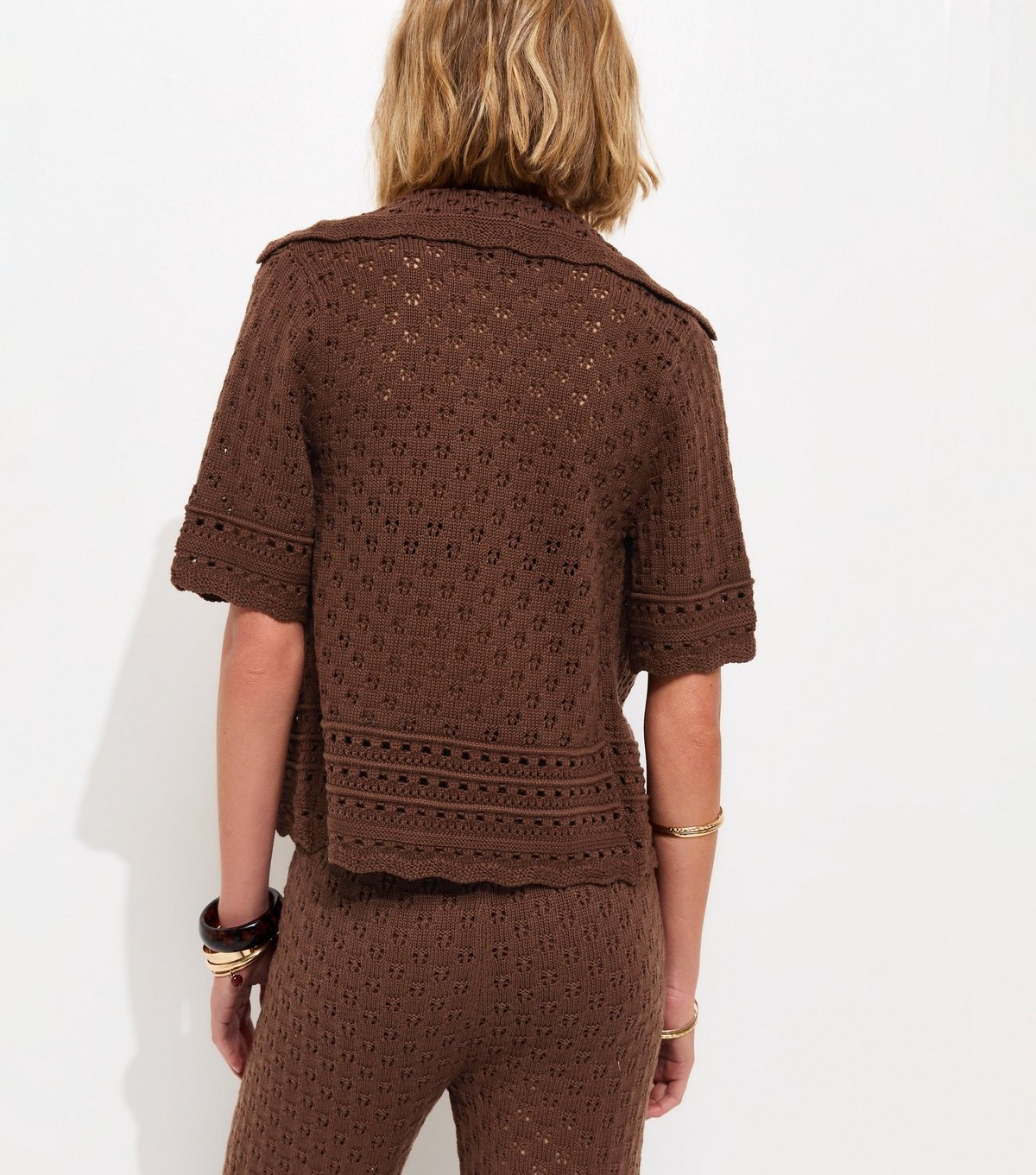 New Look Women's Dark Brown Pointelle Tie Front Collared Top New Look - 4