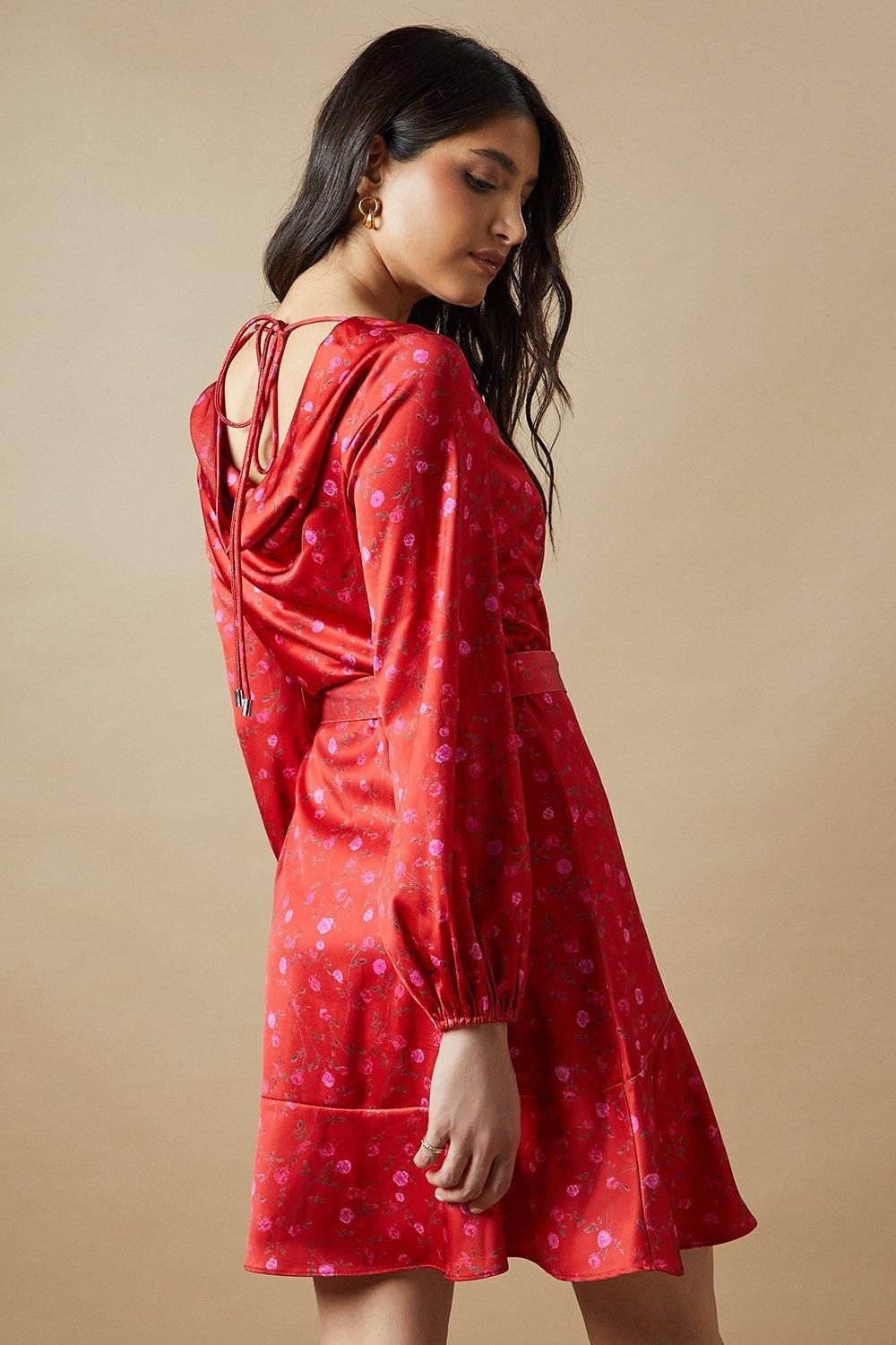 Oasis Oasis Women's Occasion Floral Satin Cowl Mini Dress in Red - 3