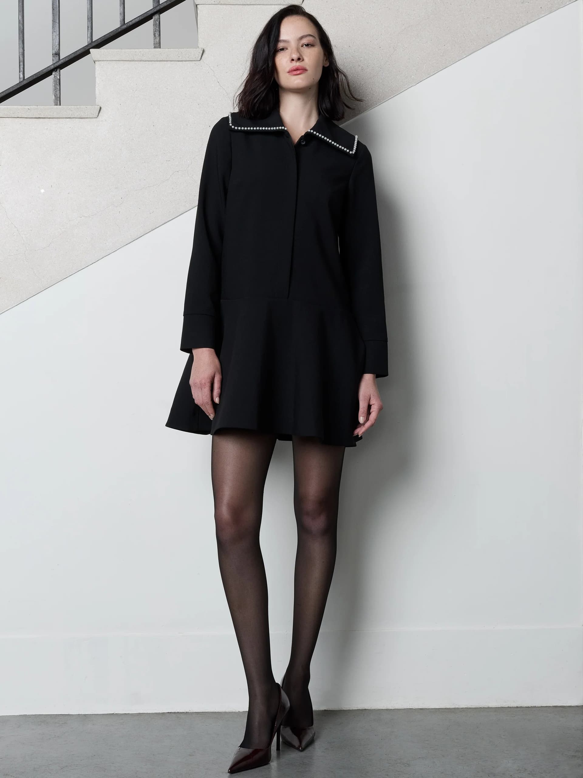 French Connection Azra Black Faux Pearl Collar Mini Dress Black