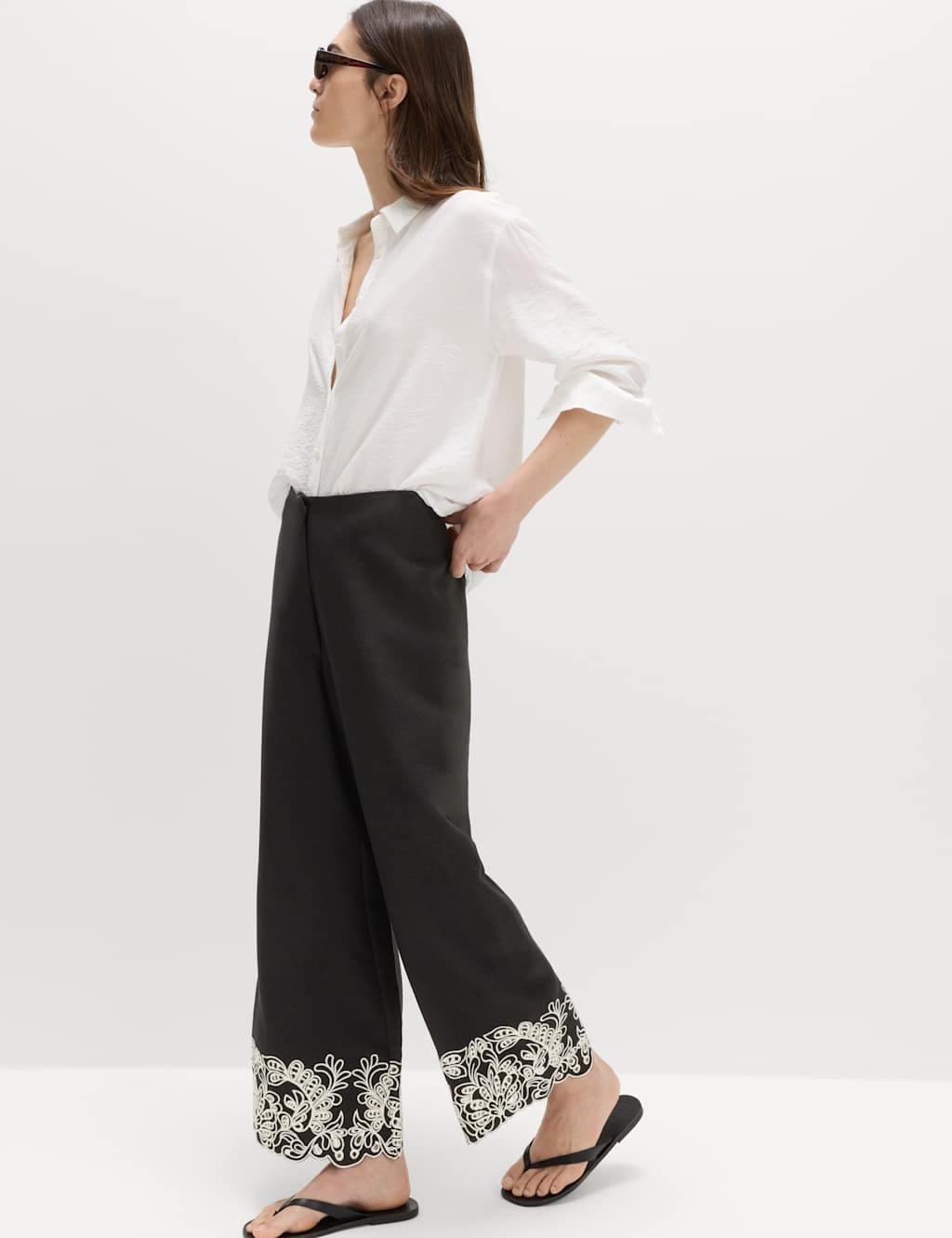 Marks & Spencer M&S Modal Rich Embroidered Straight Leg Trousers Black Mix